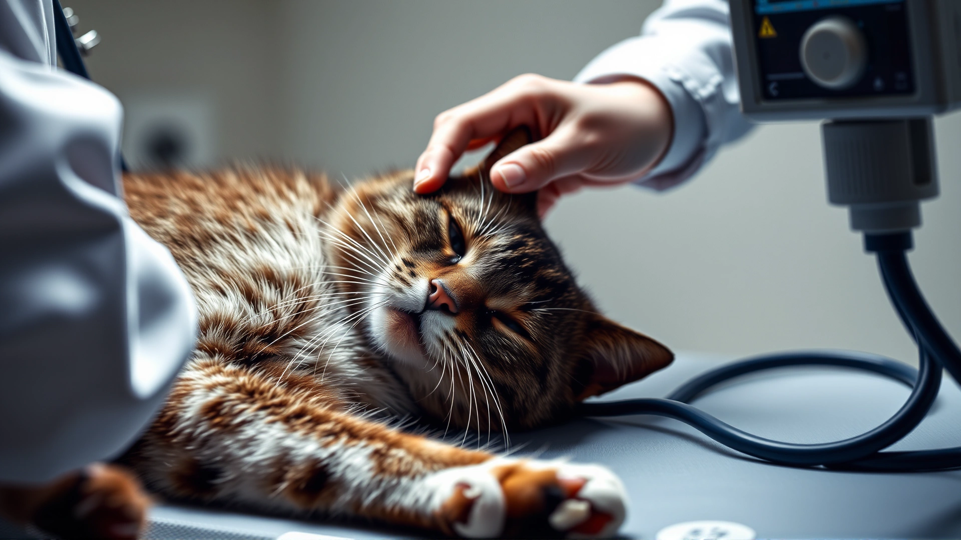 Veterinarian performing an echocardiogram on a relaxed cat lying on its side, ultrasound machine visible