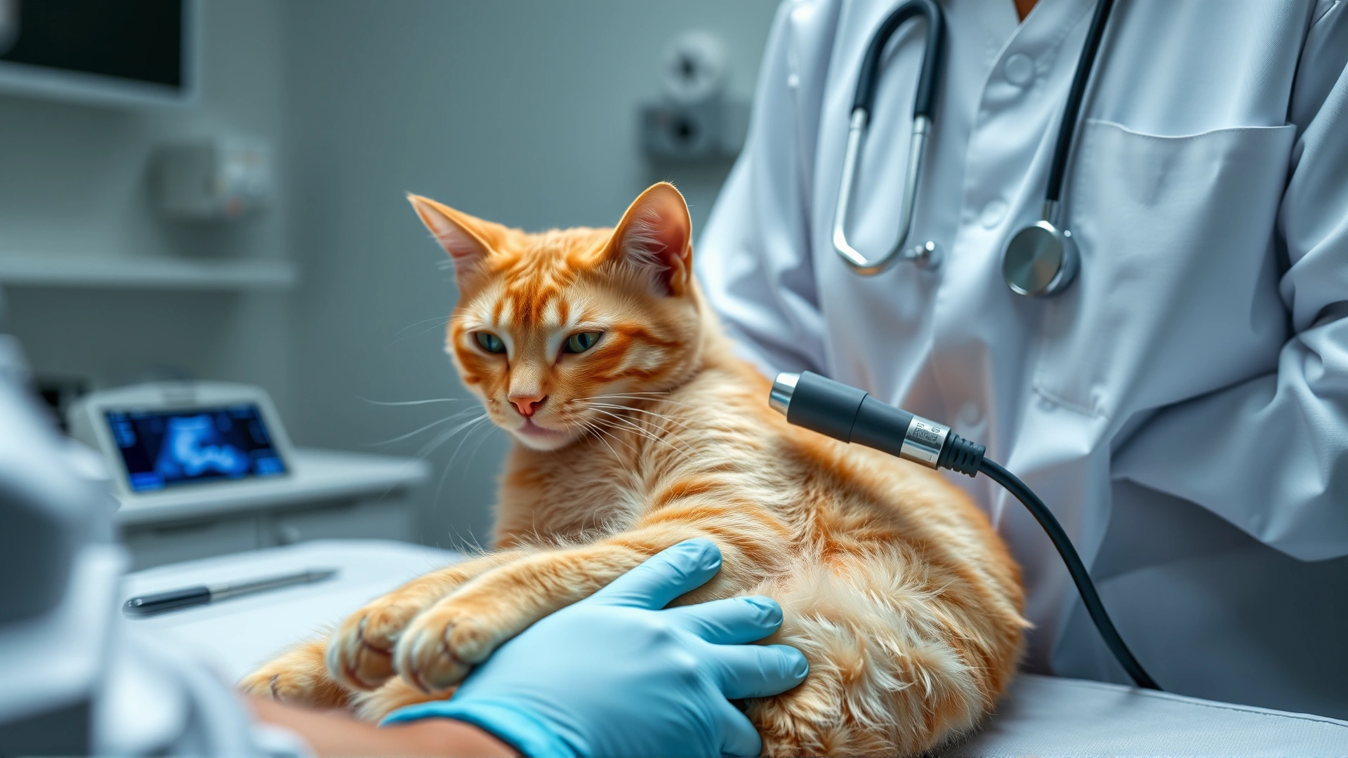 Photo showing a veterinarian performing an abdominal ultrasound on a ginger cat, focus on ultrasound probe and cat's belly, clinic environment