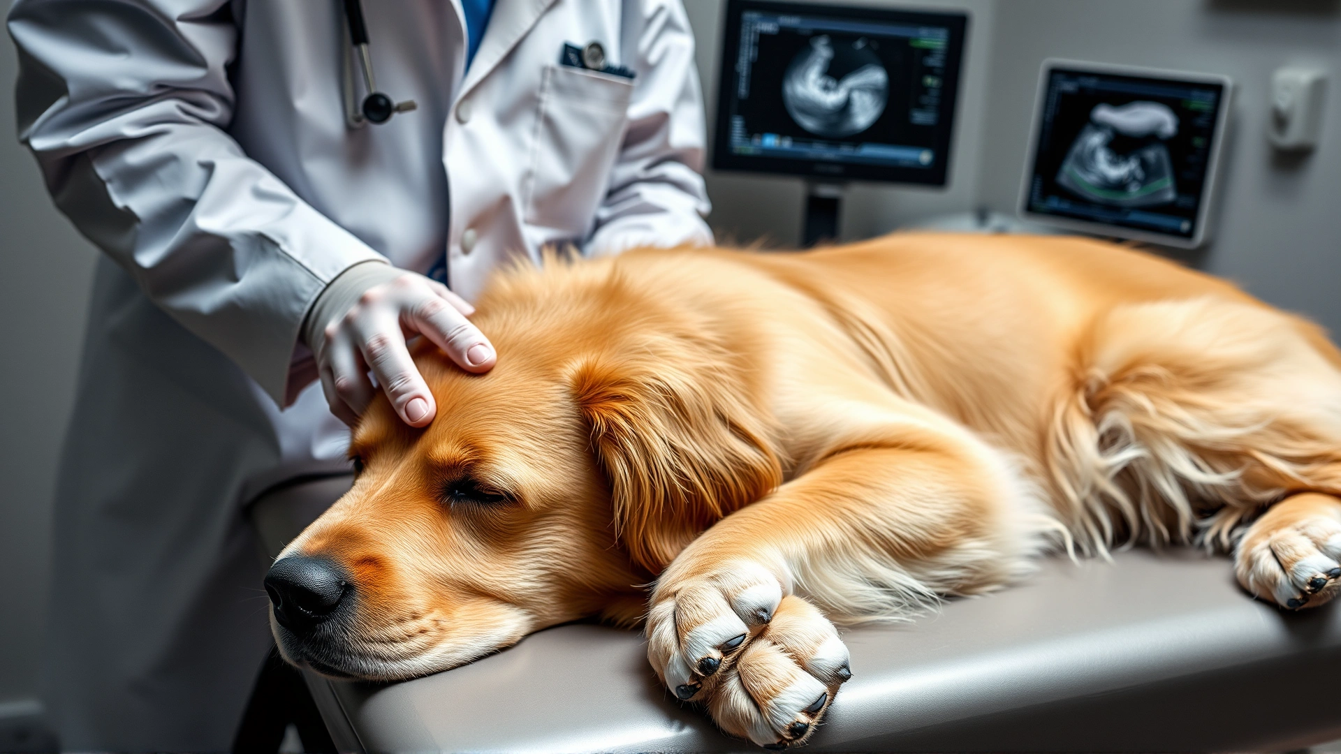Veterinarian performing abdominal ultrasound on a calm Golden Retriever lying on an exam table, clinical setting, high resolution