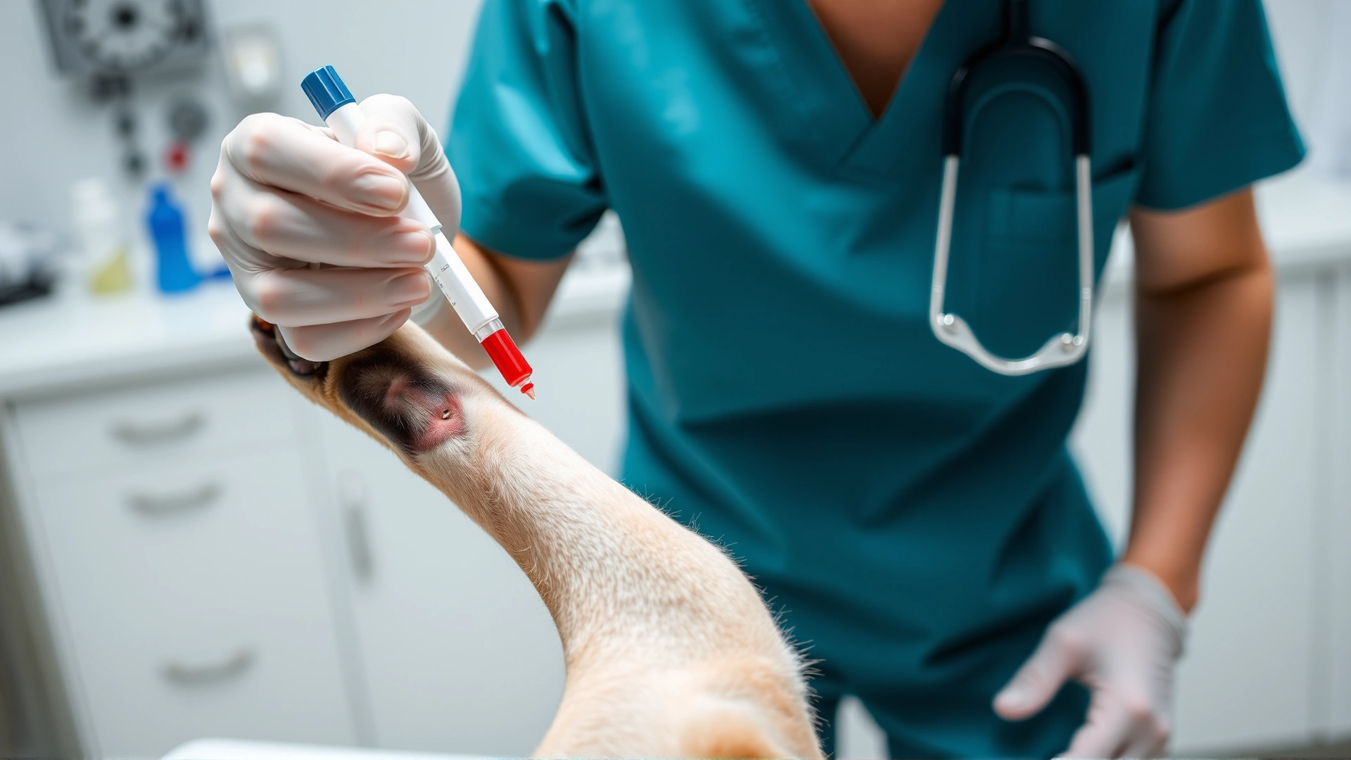 Veterinarian in scrubs drawing a blood sample from a dog's paw for laboratory analysis, clinical setting.