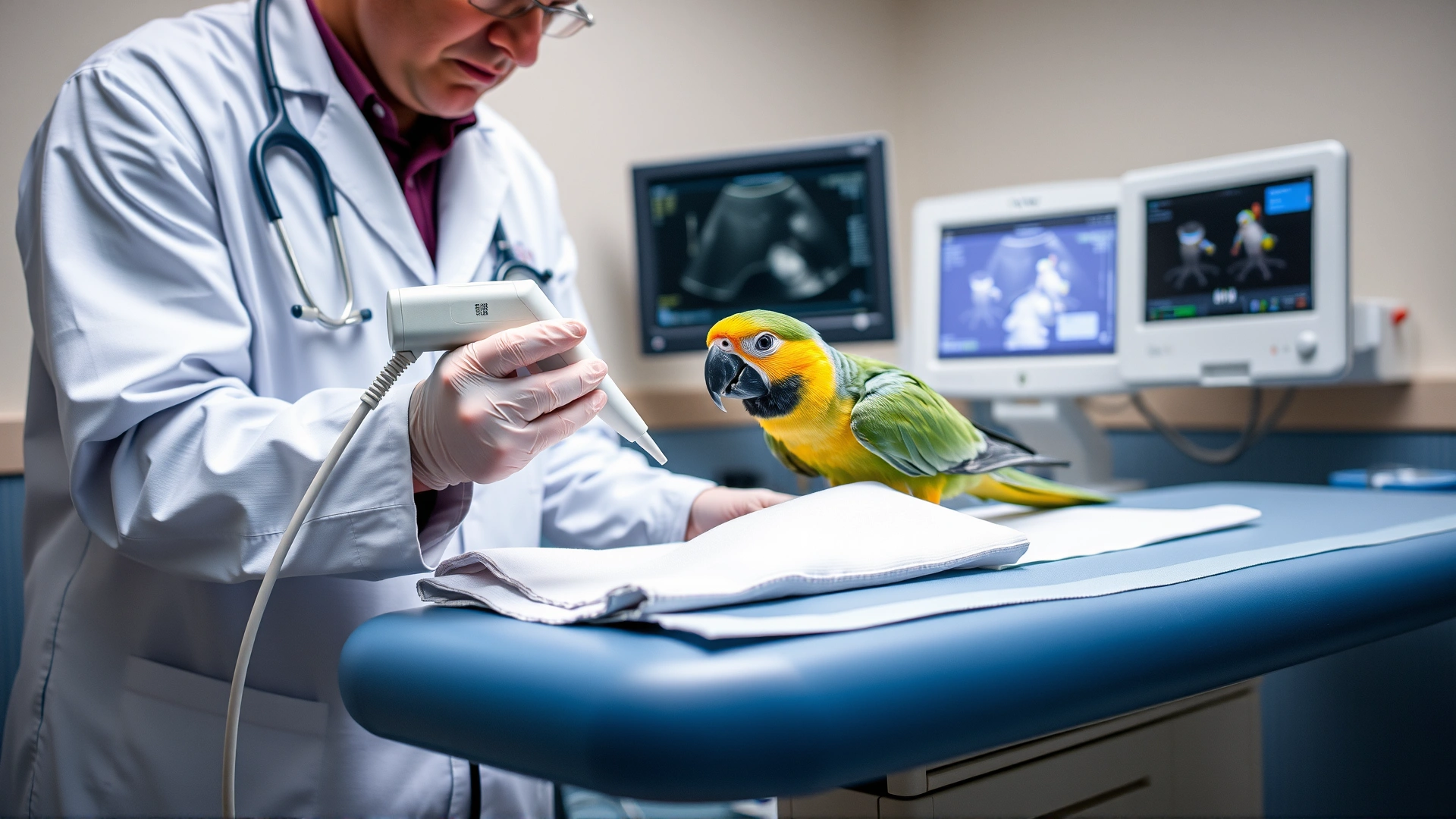 Veterinarian using an ultrasound device on a sedated parrot on an examination table, with medical monitor in background.