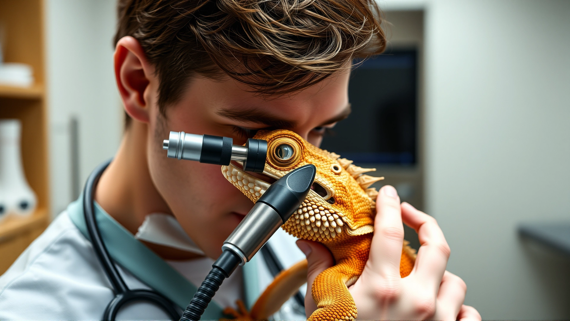 Veterinarian using an otoscope to inspect the ear area of a bearded dragon in a modern clinic, clear details