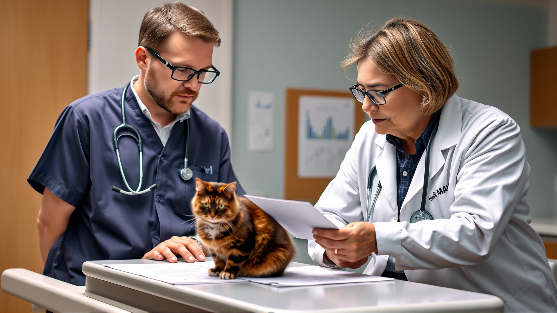 Veterinarian discussing diagnostic results with a cat owner while the cat sits calmly on the exam table, papers and stethoscope visible, bright clinic environment.