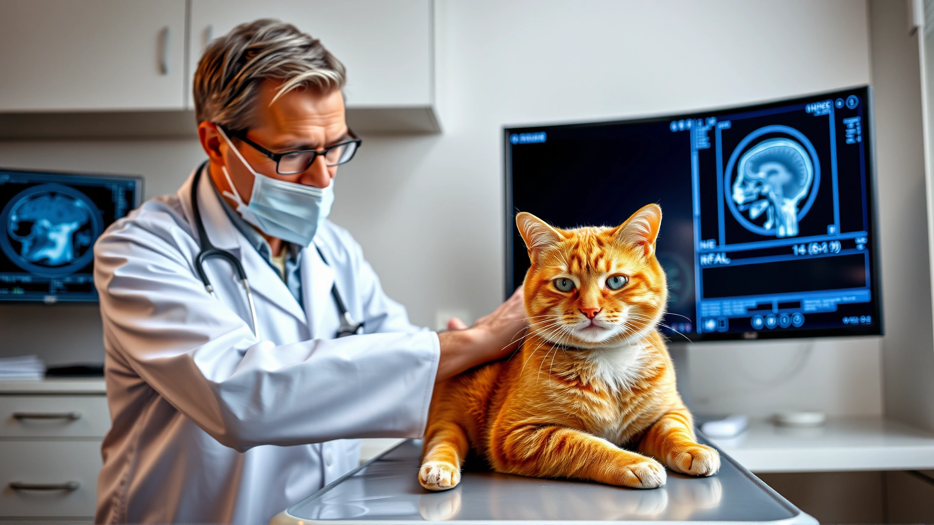 Veterinarian in white coat examining a ginger cat on examination table, MRI brain scan visible on computer monitor in background