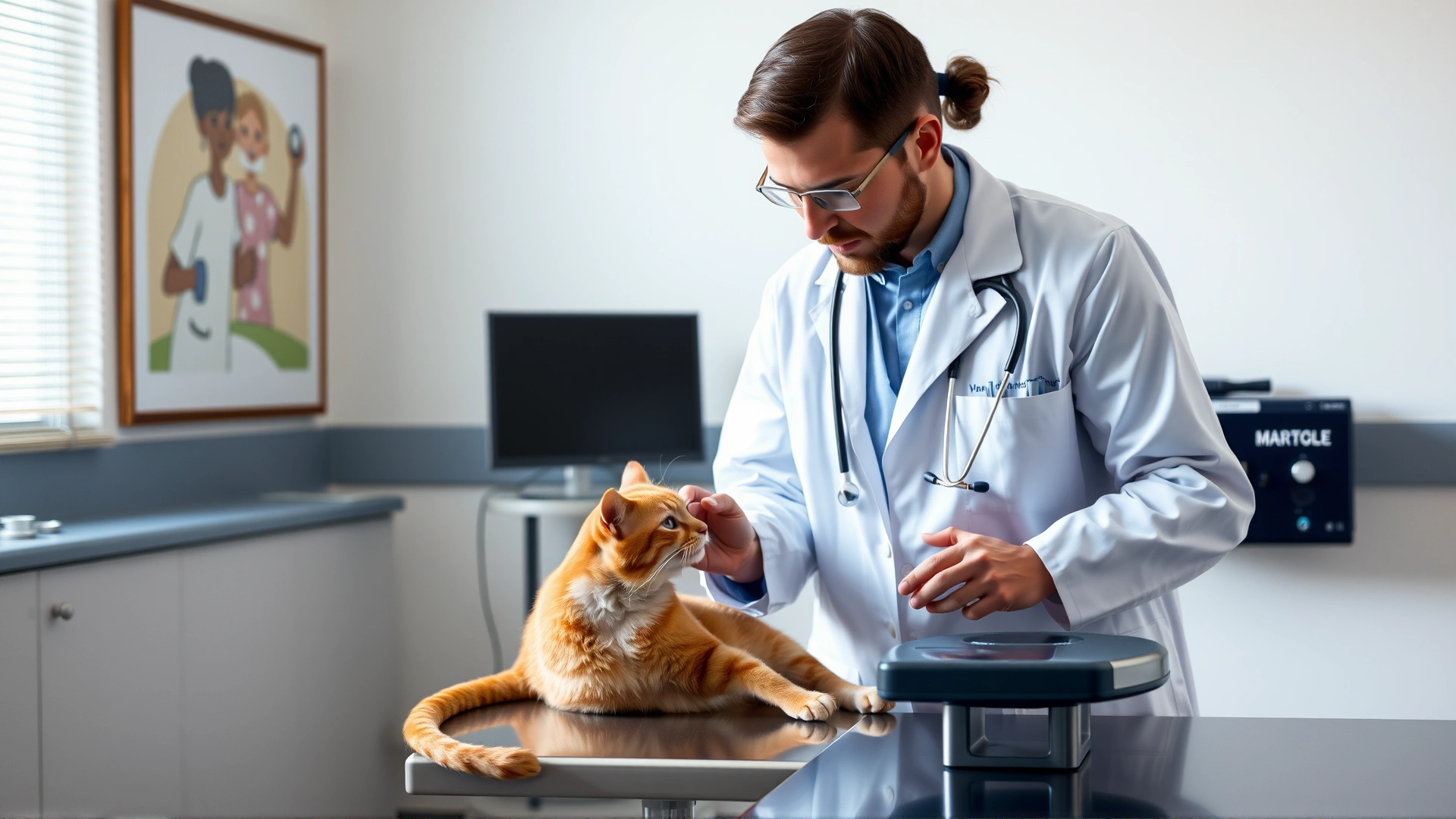 Veterinarian in a white coat examining a ginger cat on an exam table, stethoscope visible, bright clinic environment.