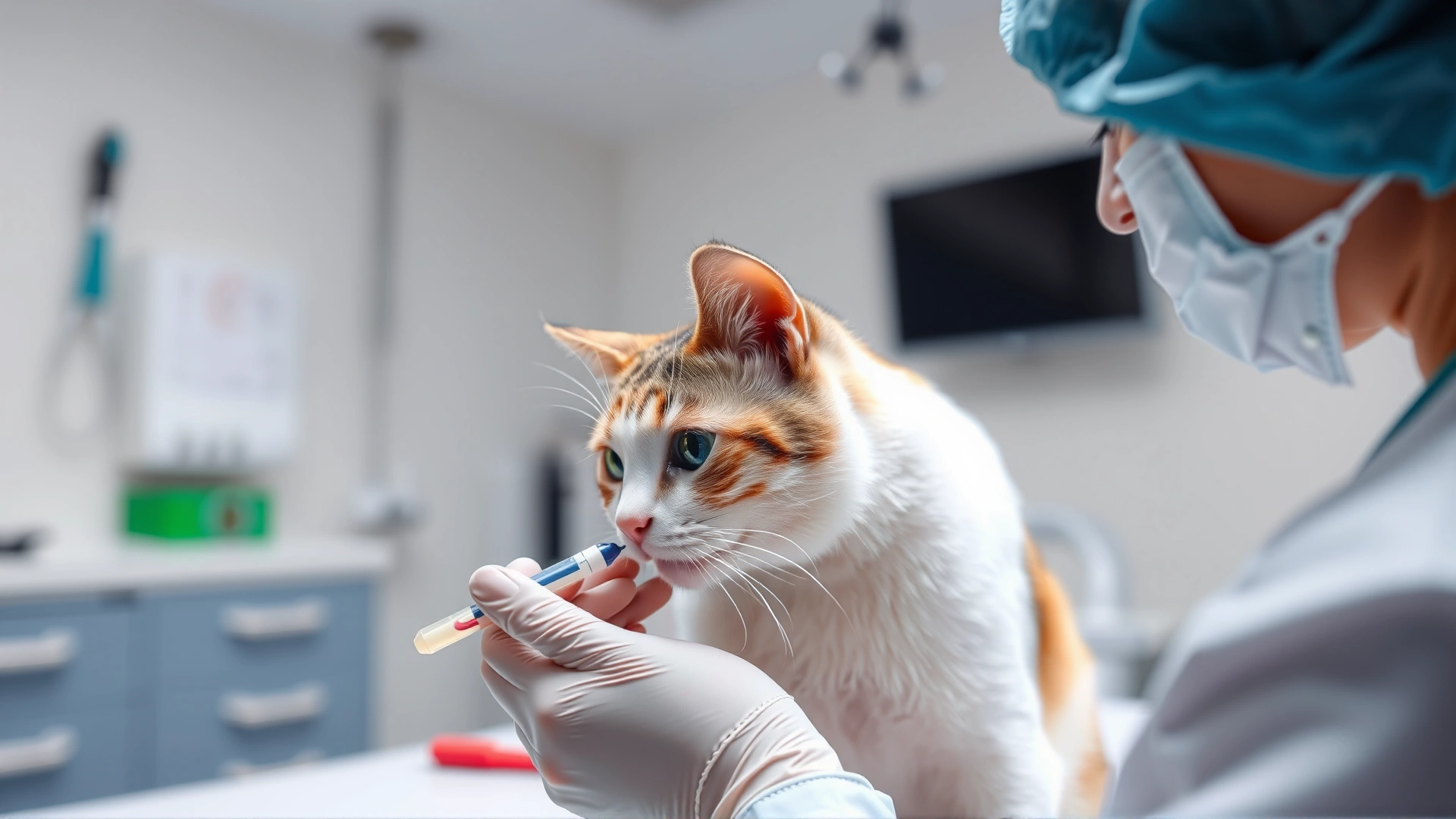Veterinarian drawing a small blood sample from a calm cat’s front leg in a modern clinic, medical instruments slightly blurred in the background