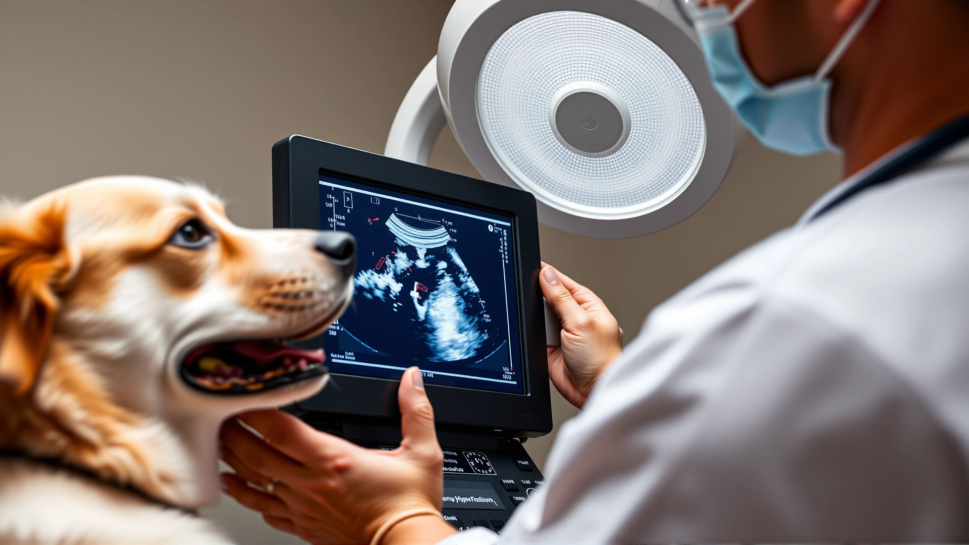 Veterinarian performing an ultrasound scan on a dog's chest, emphasizing diagnostic procedures for pulmonary hypertension.