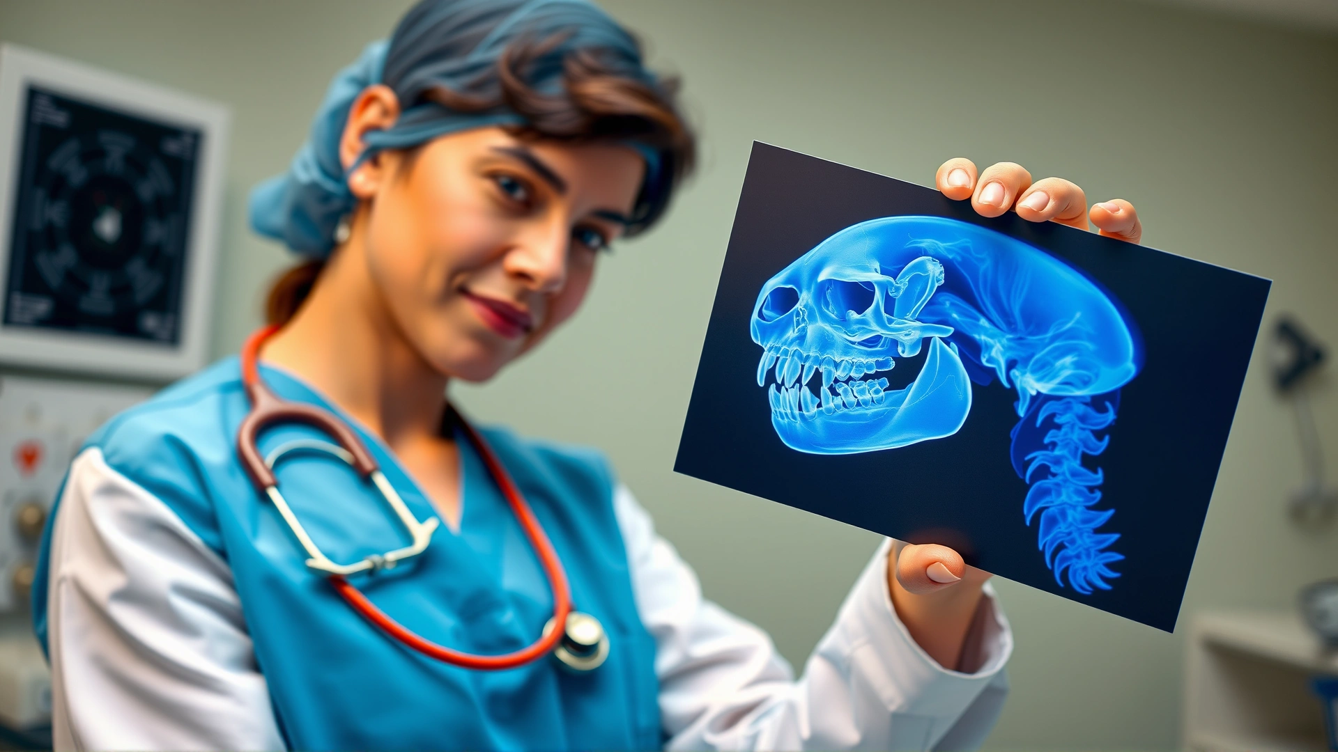 Veterinarian holding a dental X-ray image of a cat's skull showing the jaw joint, clinic background