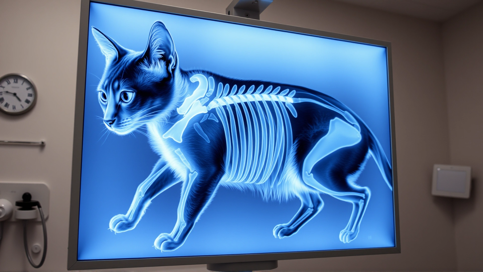High-resolution X-ray image of a cat’s thoracic cavity displayed on a lightbox in a veterinary clinic.