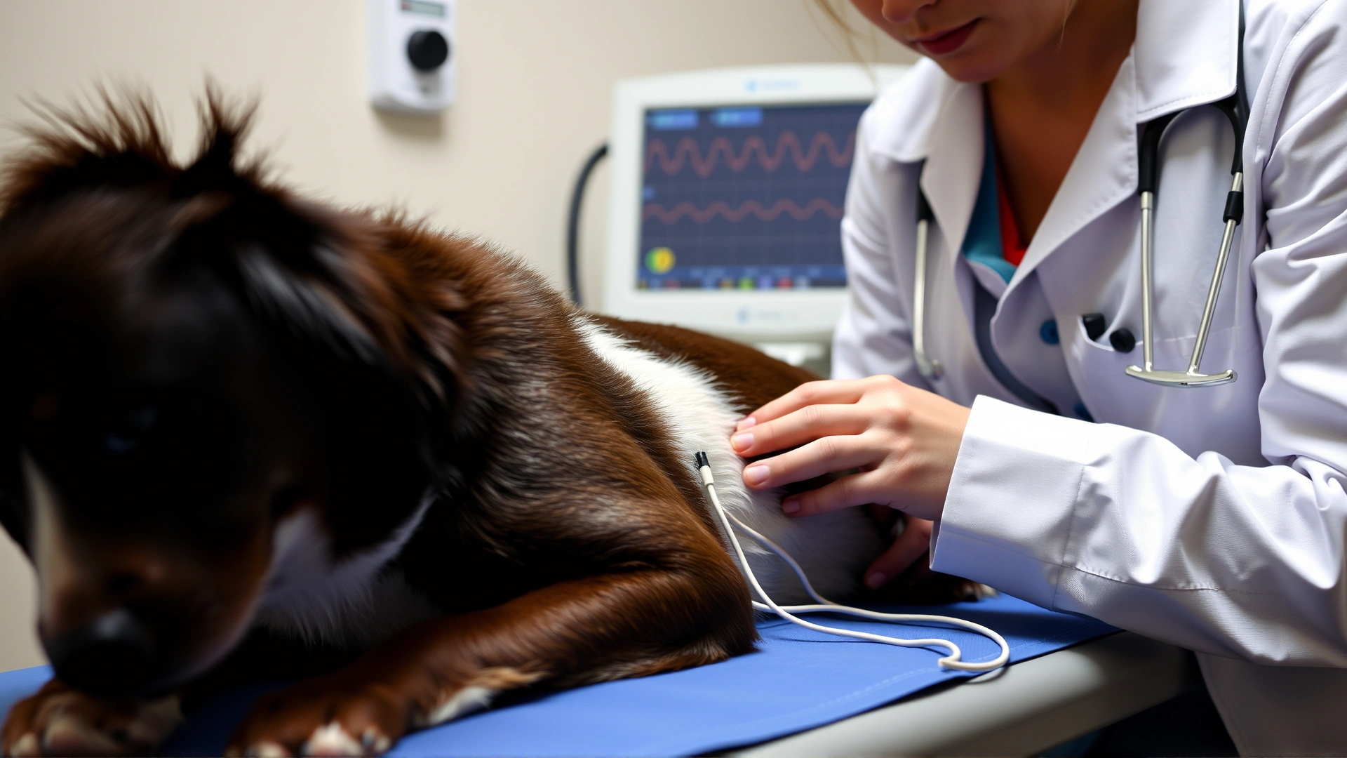 Veterinary technician attaching ECG leads to a dog's chest with an ECG monitor screen visible in the background.