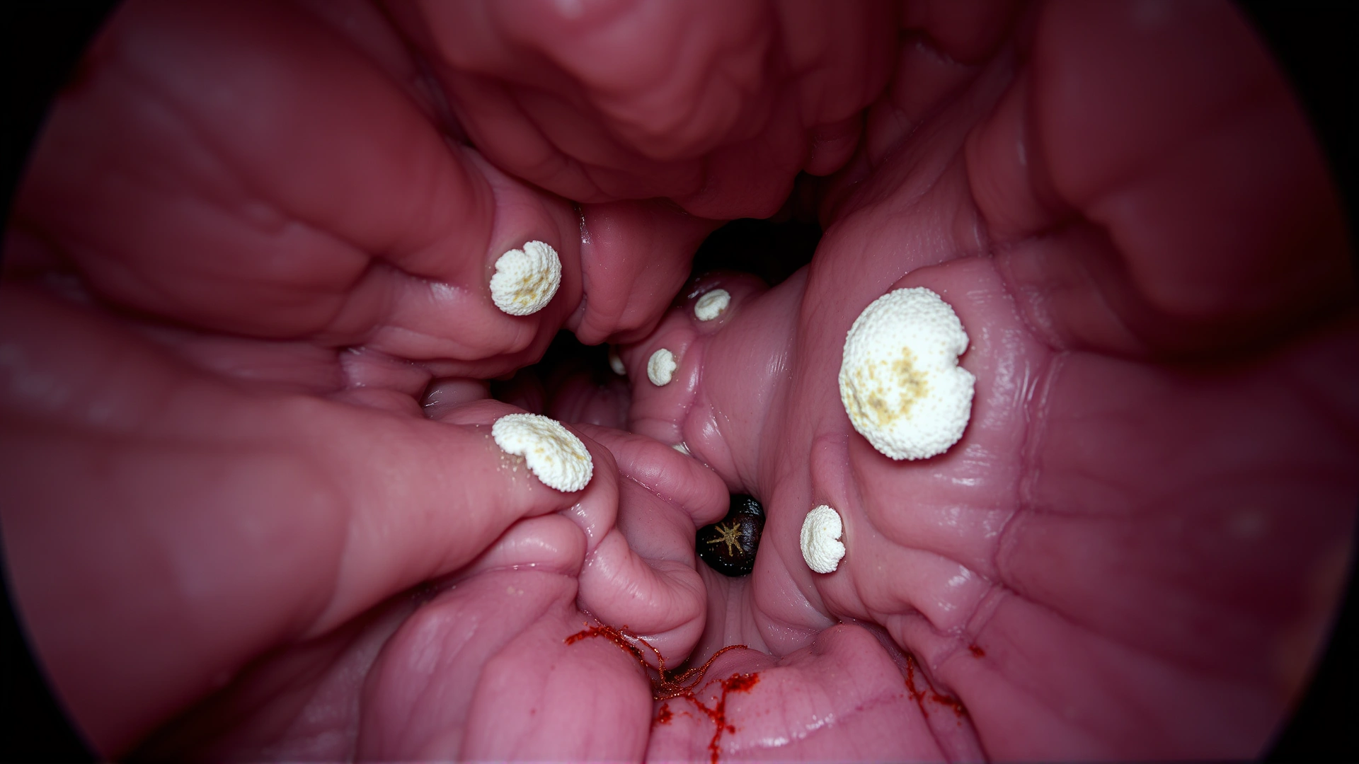Veterinary endoscopic view inside a bird's air sac showing whitish fungal plaques on tissue walls. Medical context, high-definition image.