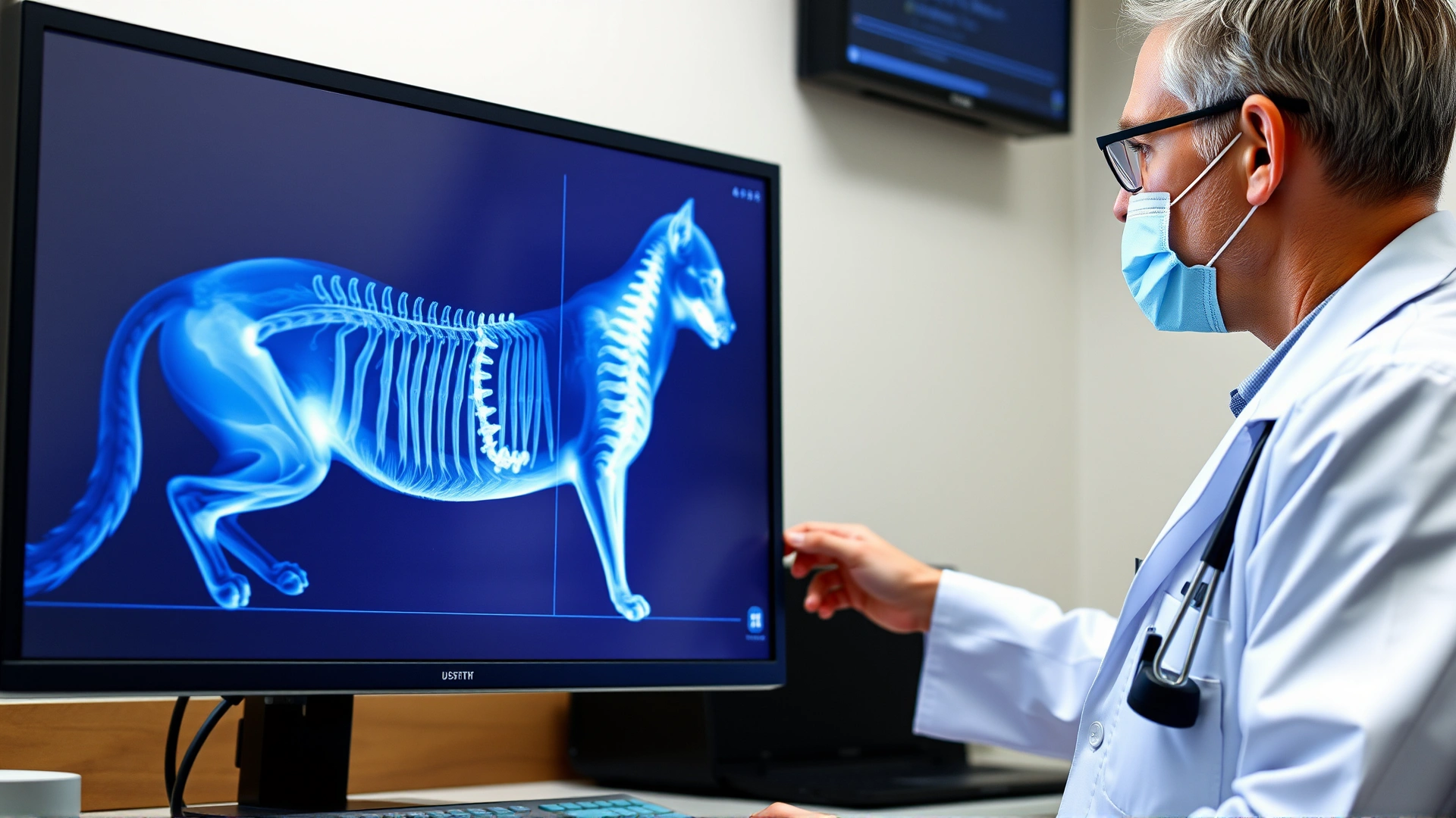 Veterinarian looking at a digital X-ray of a cat spine on a computer monitor, clinical background, no annotations or text