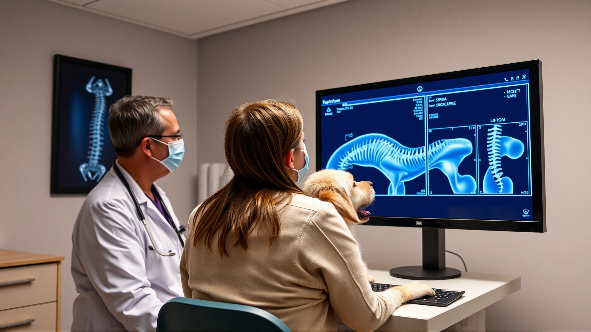 Veterinarian and dog owner reviewing spinal MRI images on a computer screen inside a veterinary diagnostic room