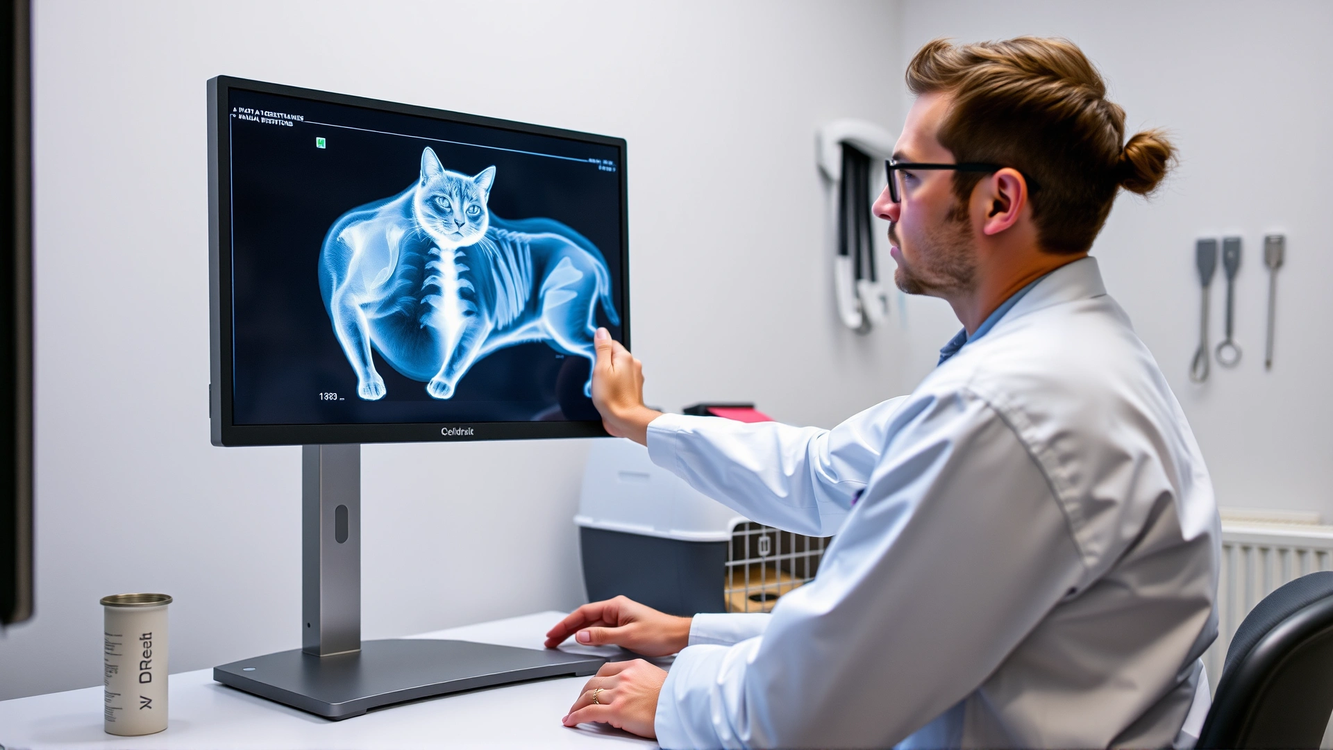 Veterinarian reviewing a digital chest X-ray of a cat on a computer screen, cat carrier and medical tools in background, professional clinical setting