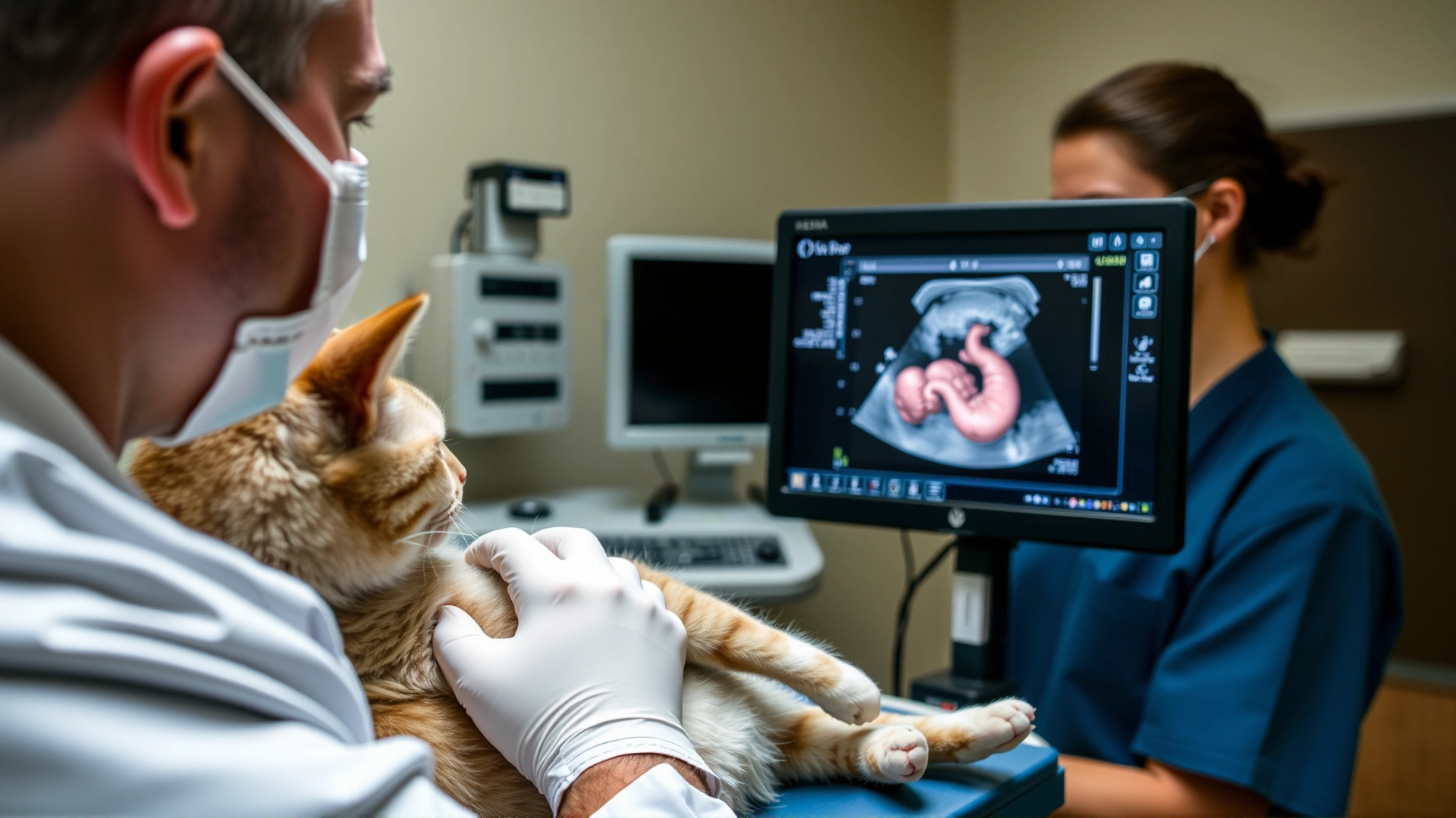 High-resolution image of a veterinarian performing abdominal ultrasound on a cat; focus on the ultrasound monitor displaying internal organs, clinical environment, no text.