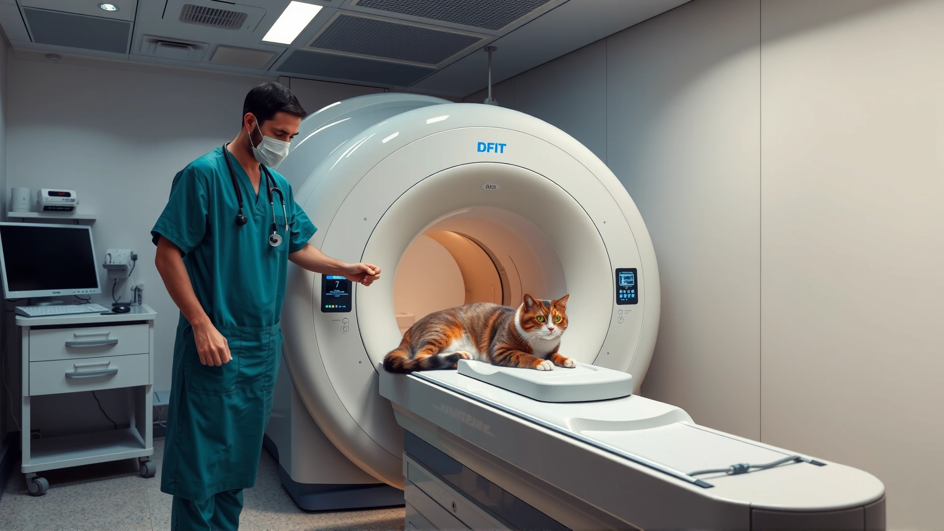 MRI scanner room with a veterinarian preparing a sedated cat for imaging, soft clinical lighting