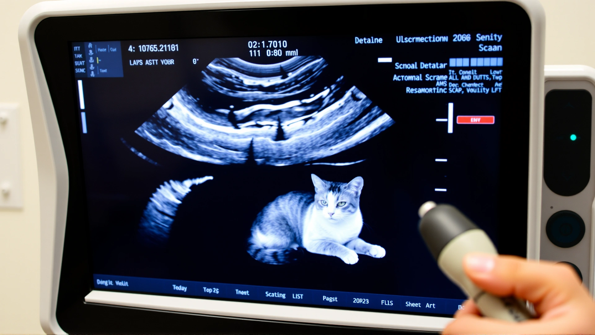 Ultrasound machine screen displaying a generic abdominal scan with a cat lying calmly on its side and a vet operating the probe.