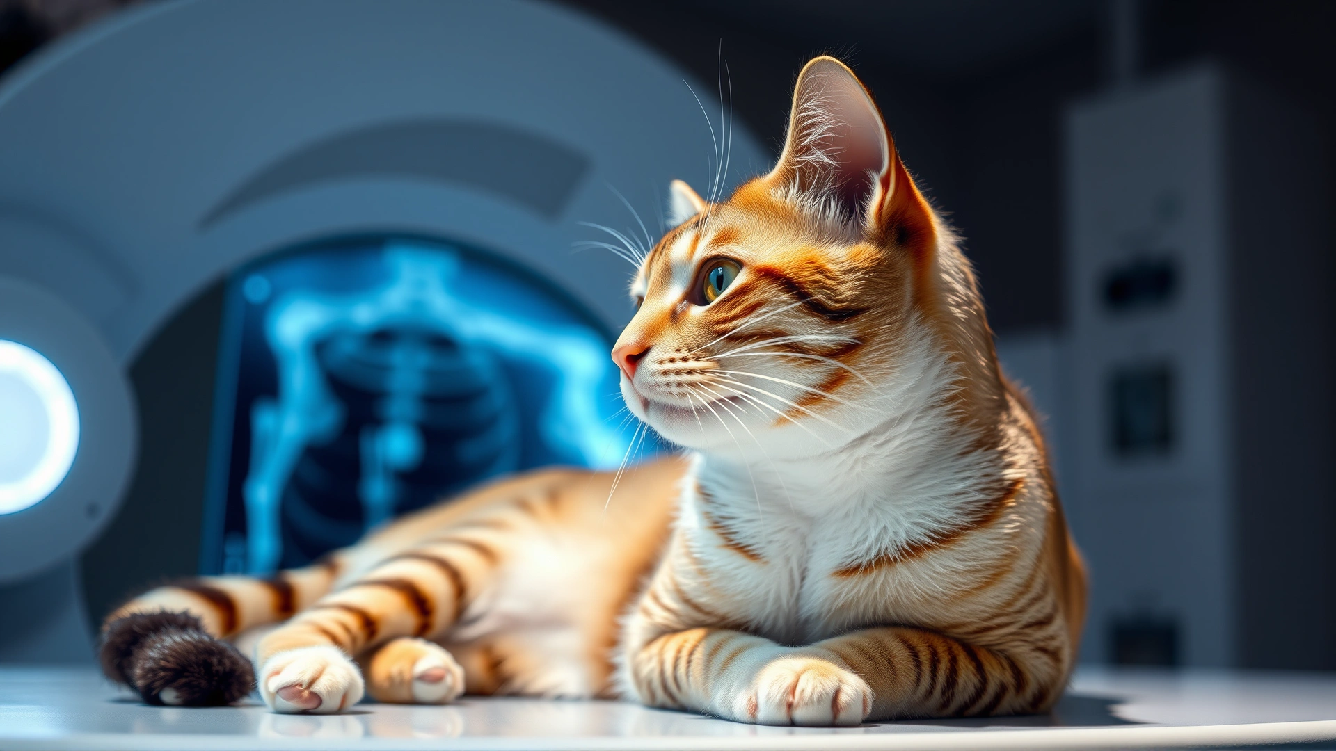 Side view of a cat calmly positioned for an X-ray scan under soft lighting, with the machine visible in the background
