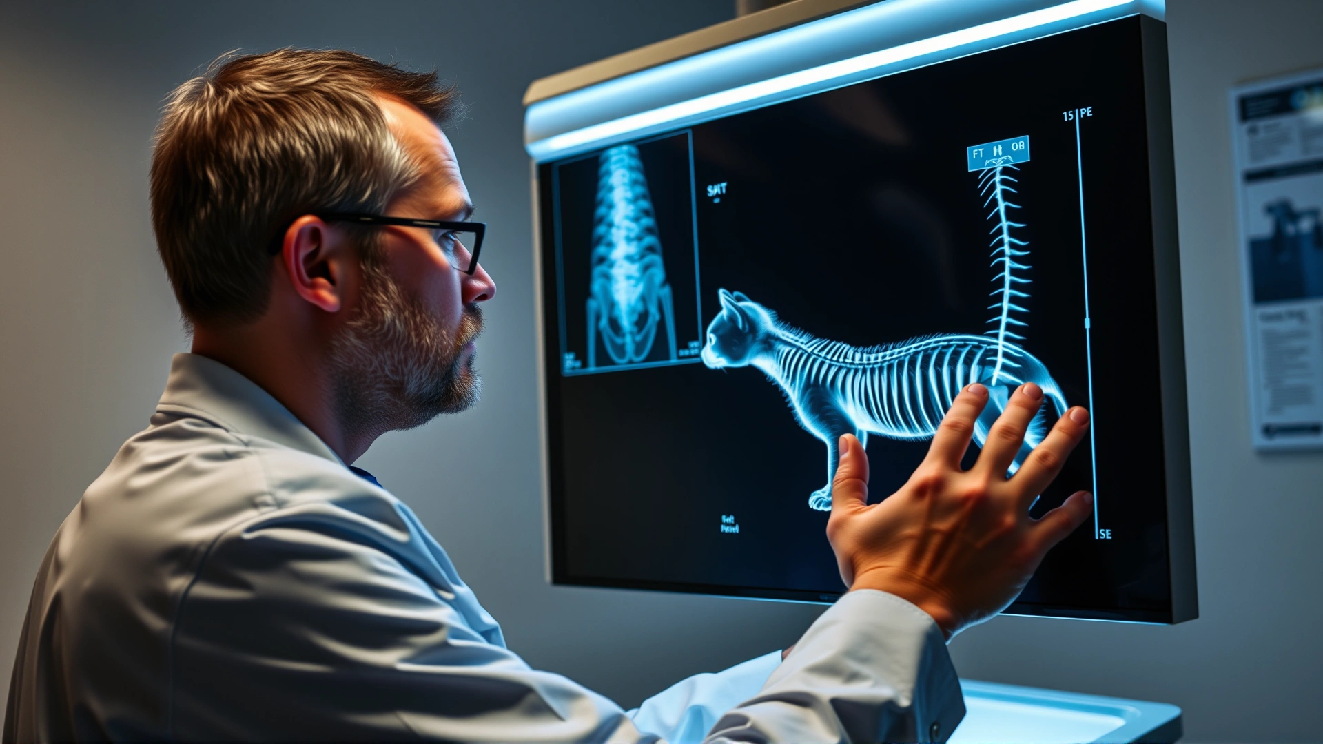 Veterinarian reviewing a feline spinal X-ray on an illuminated lightbox in a clinical environment, modern look, no text.