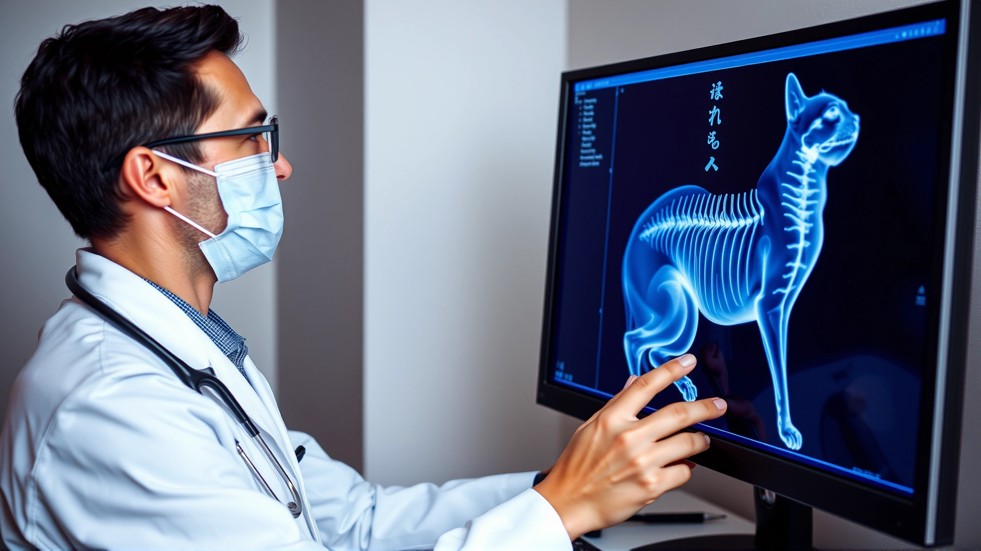 Veterinarian reviewing a digital X-ray of a cat spine on a computer monitor in a clinic setting