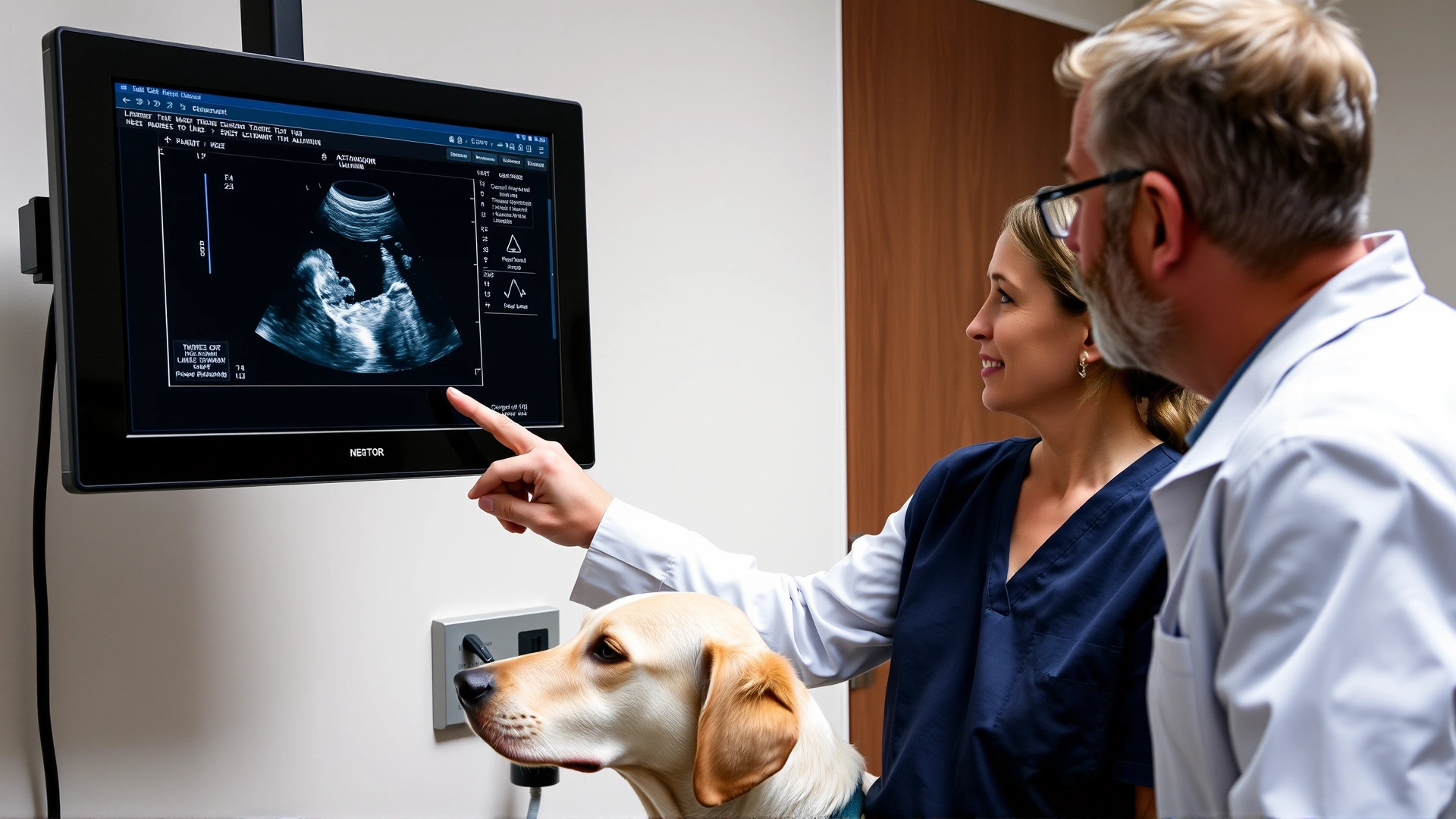 Veterinarian pointing at an abdominal ultrasound monitor showing fluid accumulation, with the dog's owner observing, clinical environment