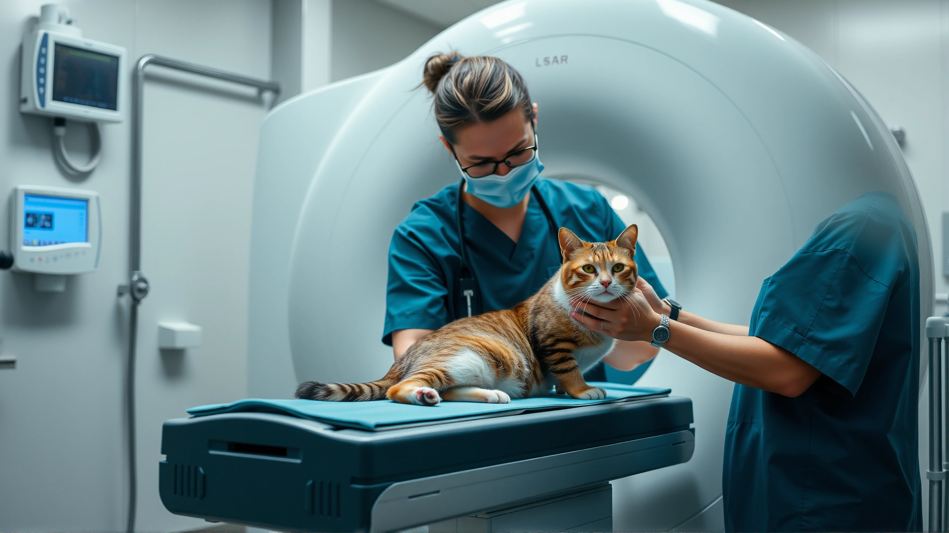 Veterinary clinic scene where a cat is being prepared for an MRI scan by a vet in scrubs, modern equipment visible.
