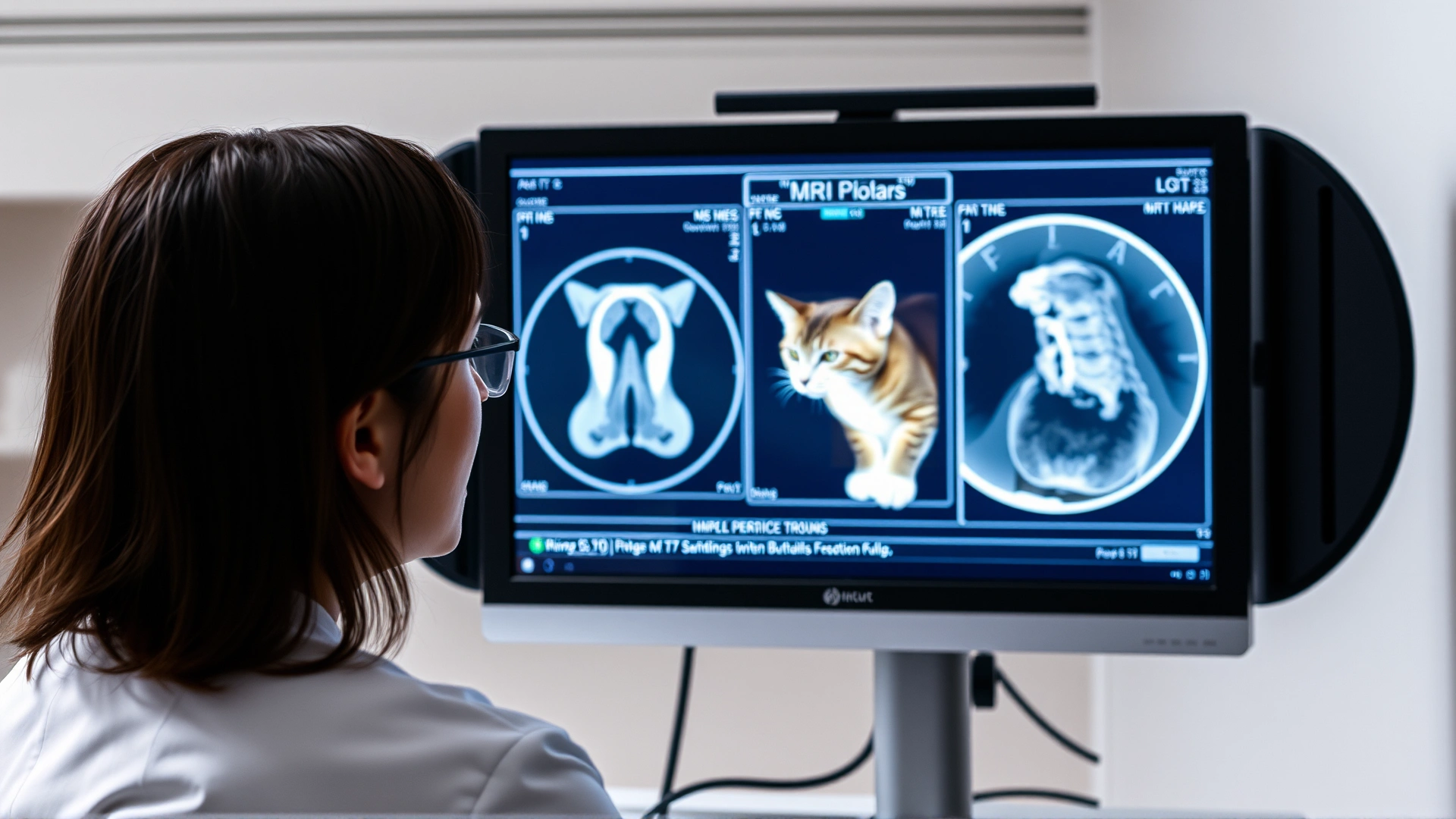 Veterinarian reviewing cat MRI scans on a computer monitor in a modern veterinary clinic, focus on screen, soft lighting.