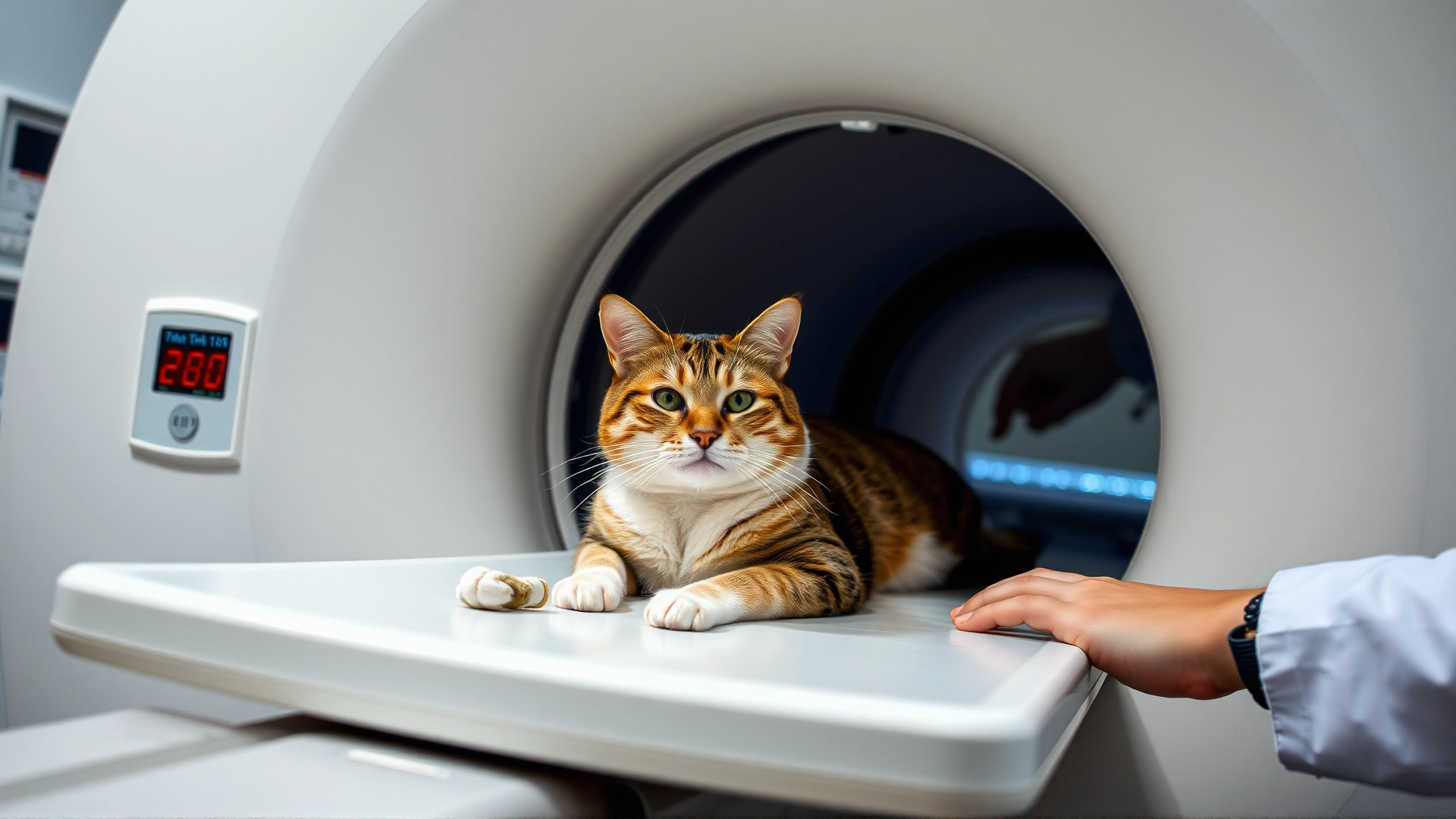 Photo of a cat lying calmly inside an MRI machine, technician's hands adjusting the table, hospital environment