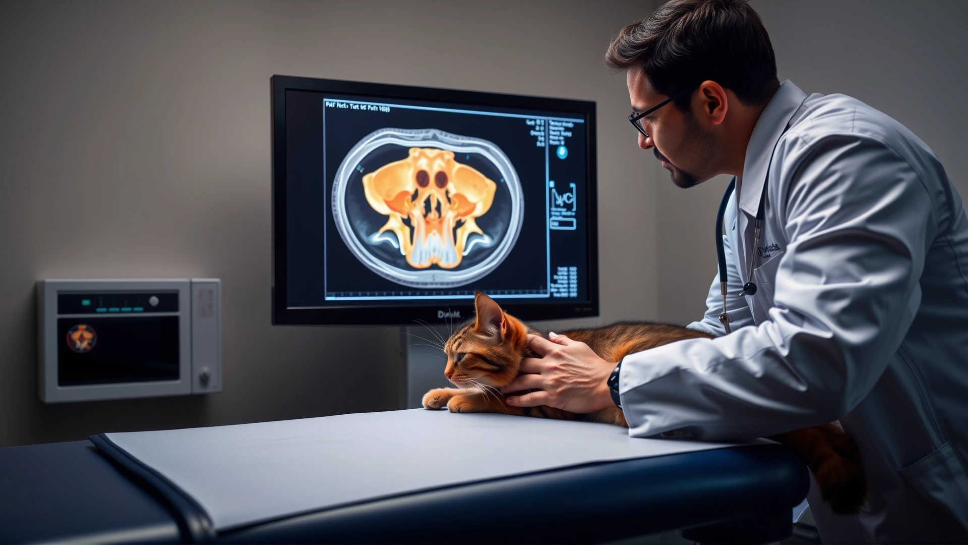 Veterinarian looking at a digital CT scan of a cat's skull on a monitor, with the sedated cat lying on the examination table in the foreground.