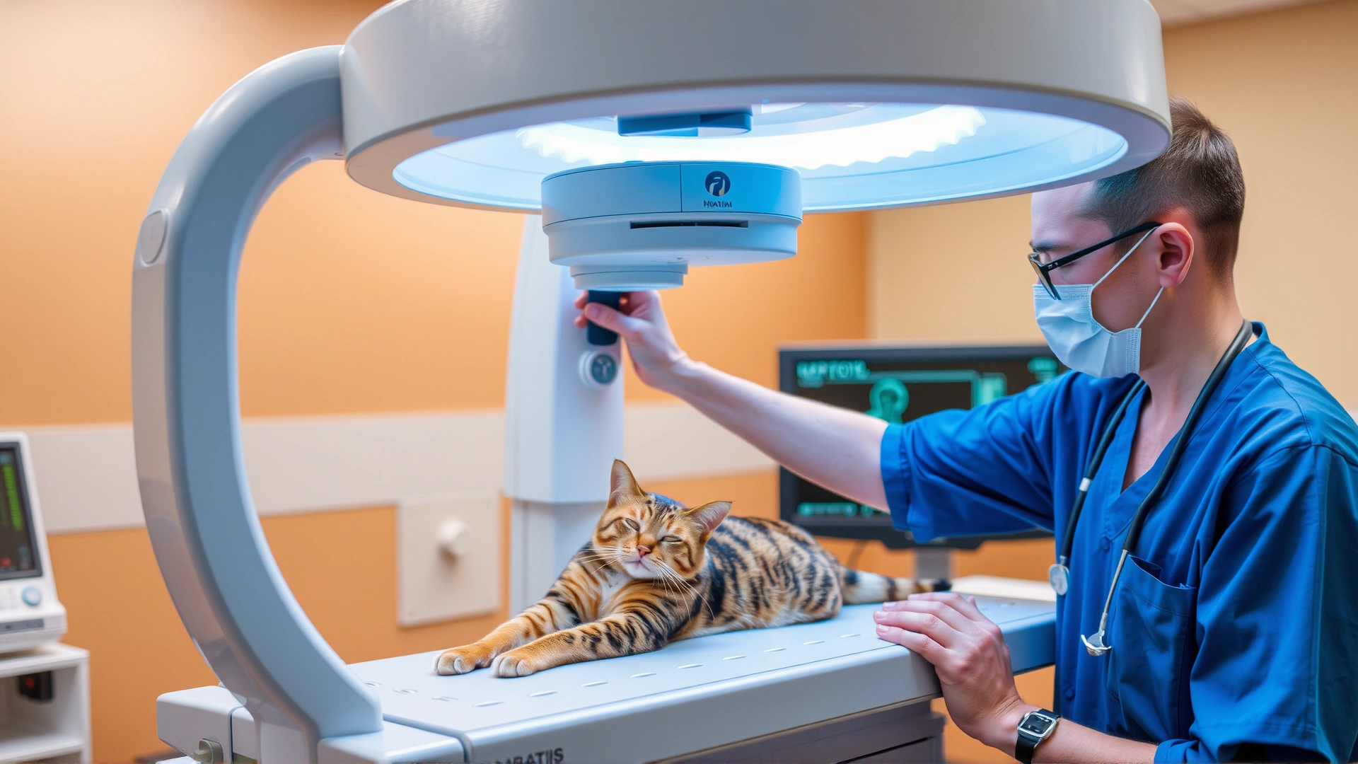 A veterinary technician positioning an X-ray machine over a sedated cat’s head in a modern radiology suite
