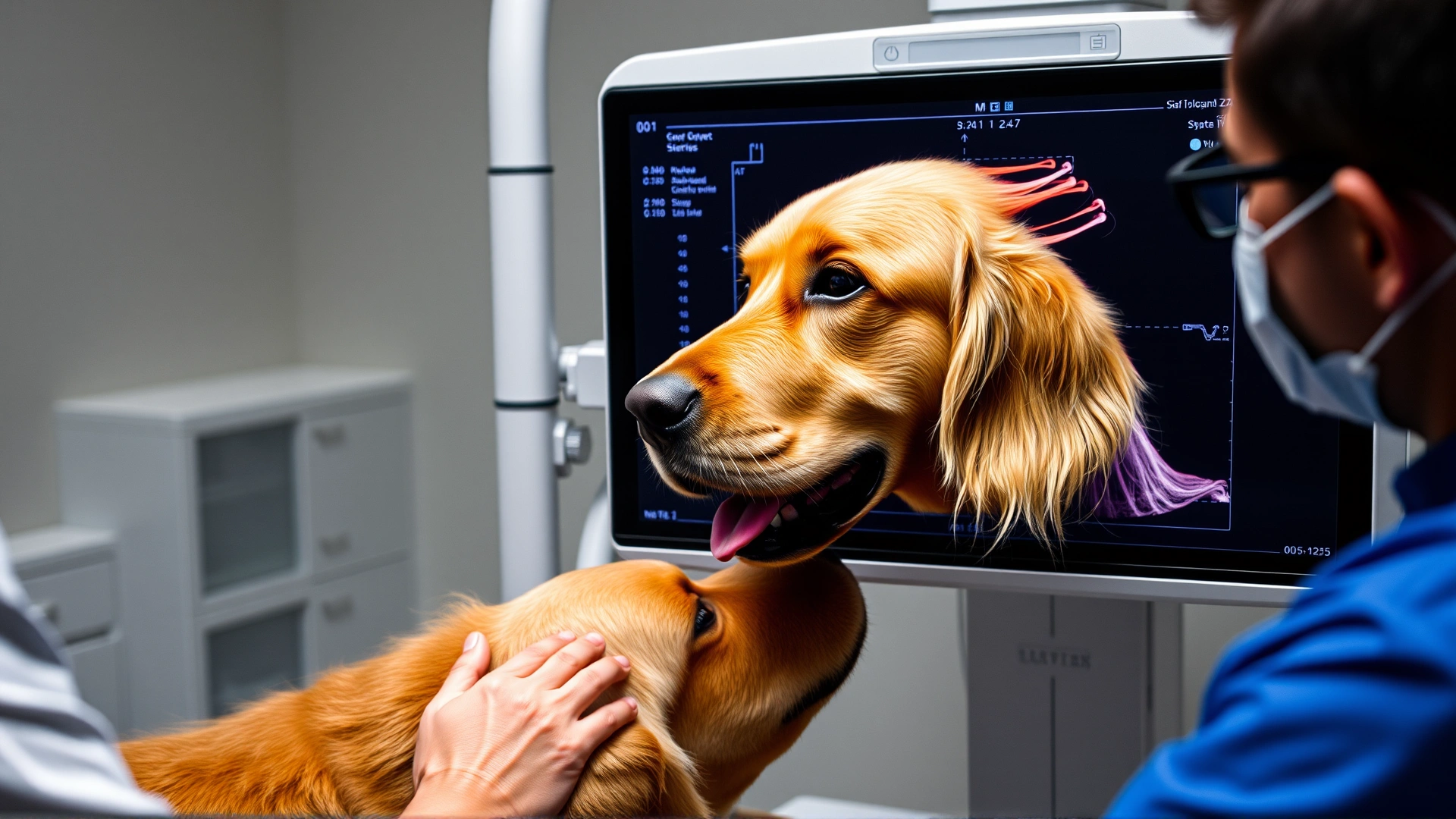 Veterinarian performing an ultrasound scan on a golden retriever using modern imaging equipment; clear focus on screen and dog