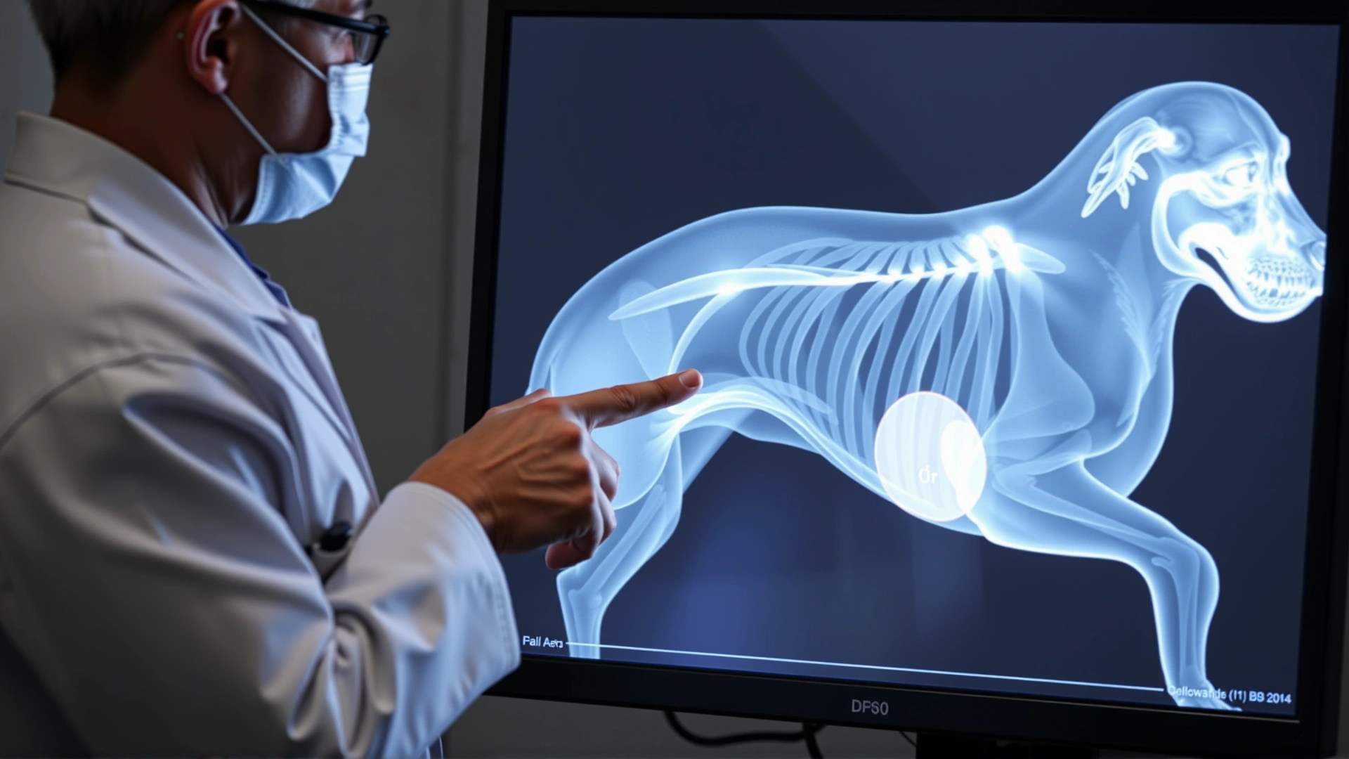 Veterinarian pointing at a digital X-ray image of a dog's abdomen displayed on a monitor, highlighting the bladder area, no written annotations.