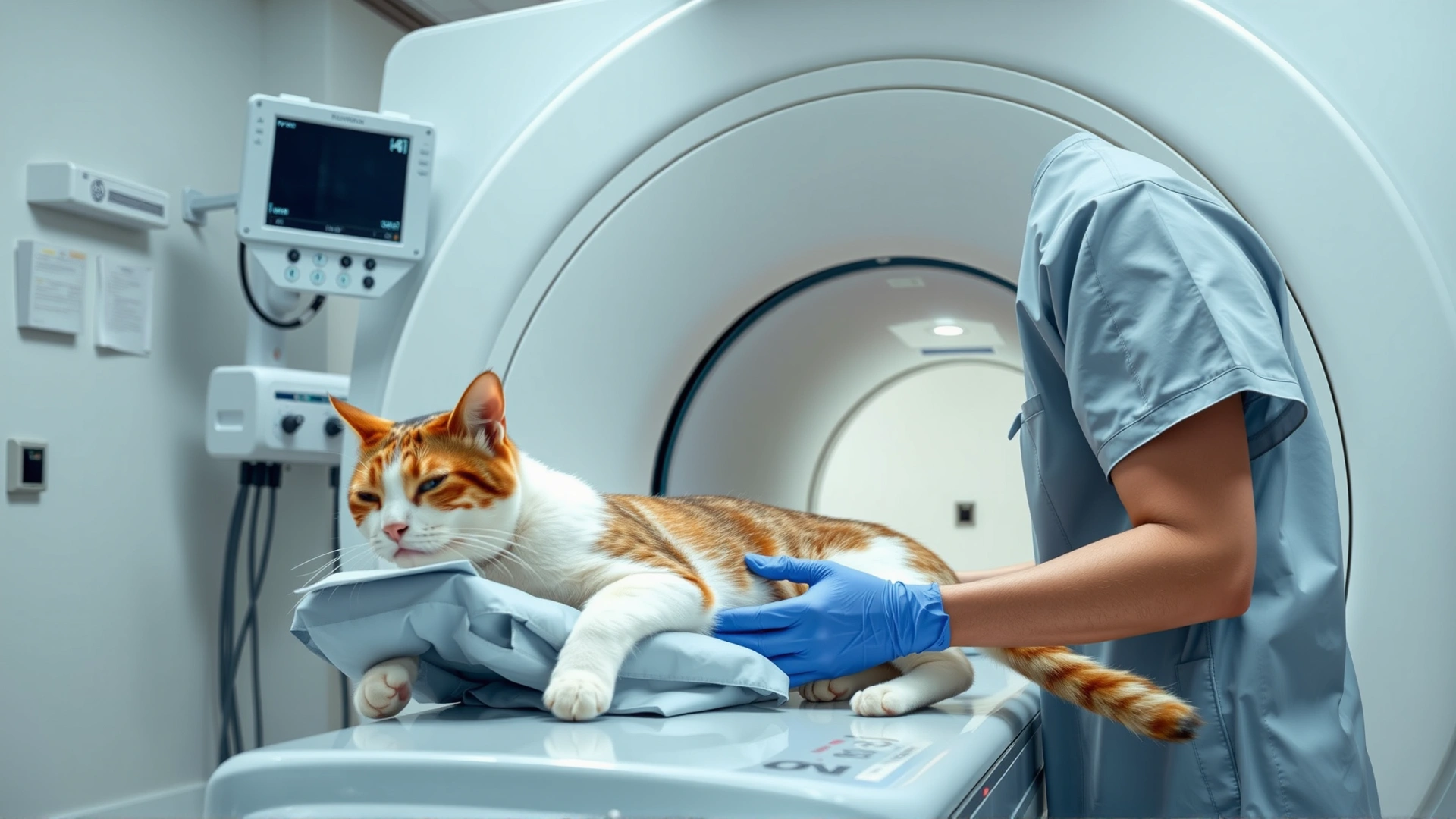 A veterinary technician preparing a sedated cat to enter an MRI scanner in a clean, high-tech veterinary imaging suite, no text.
