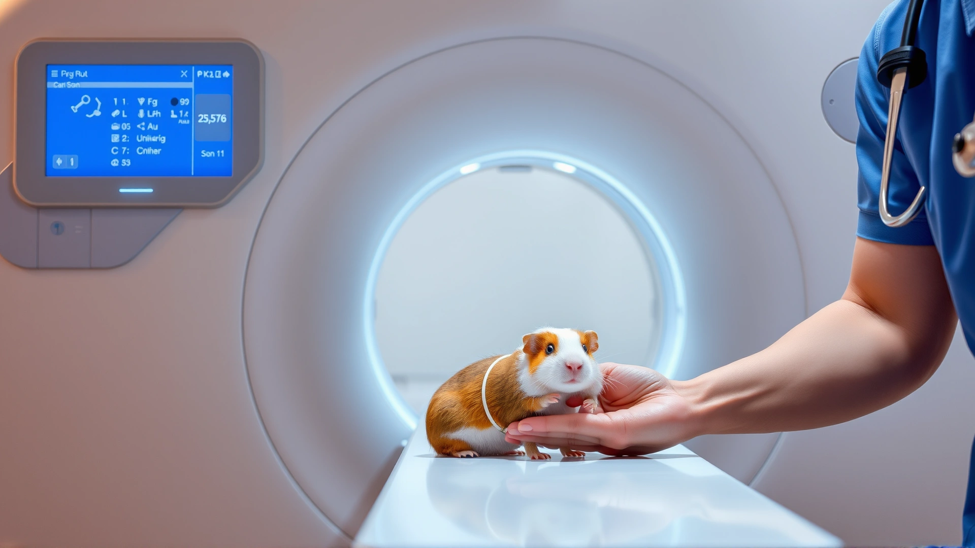 Image of a veterinary CT scan machine with a small pet (guinea pig) being positioned by a vet.
