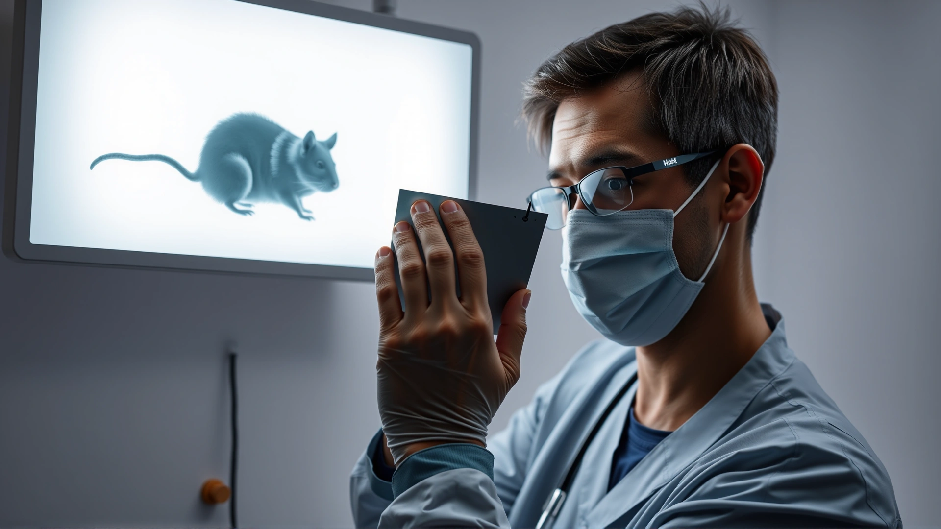 Image of a veterinary professional looking at a small animal X-ray on a lightbox, hamster silhouette visible, no text