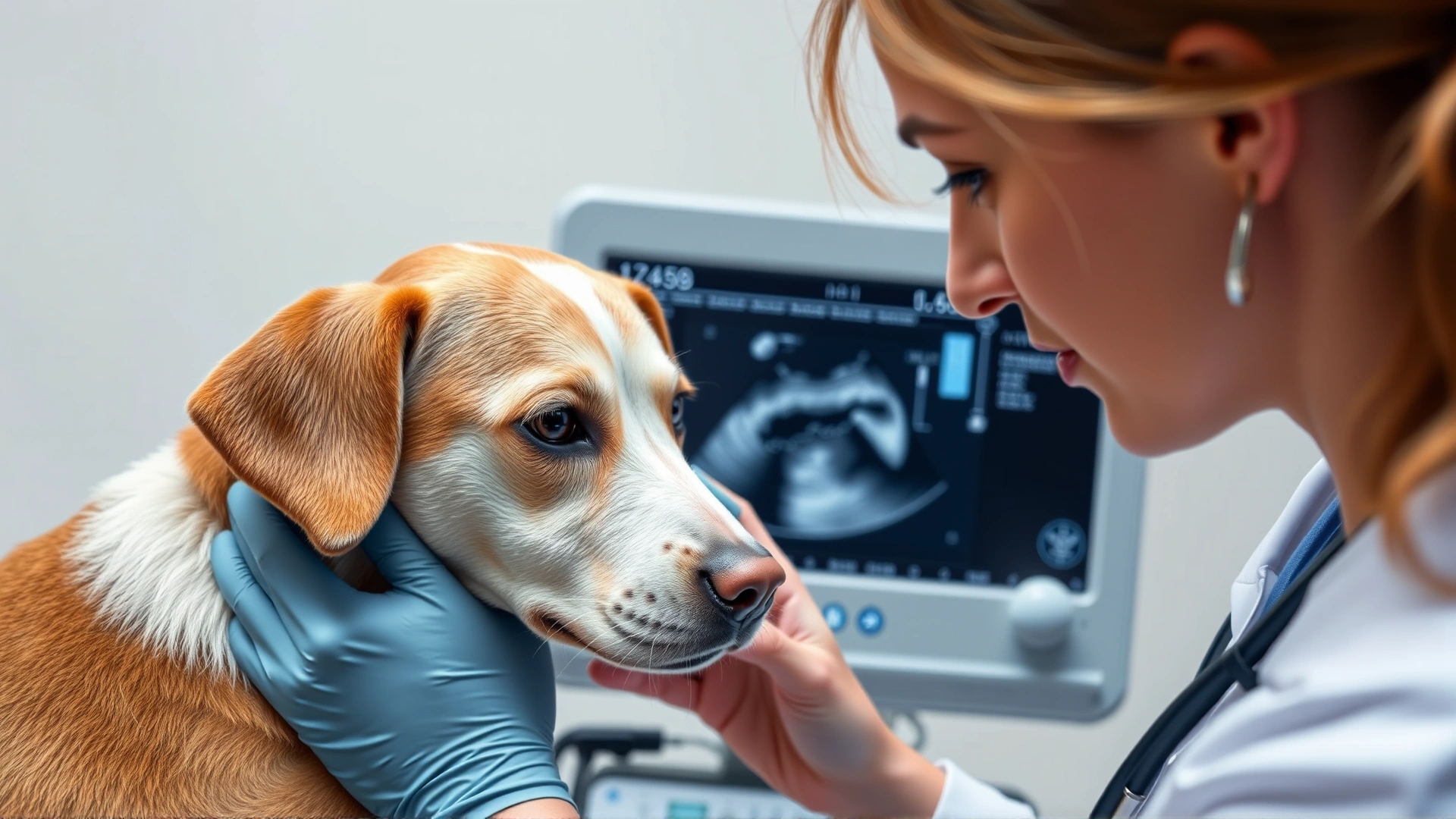 Veterinarian performing ultrasound on a medium-sized dog, the machine screen visible but without identifiable text, illustrating diagnostic imaging. No text.