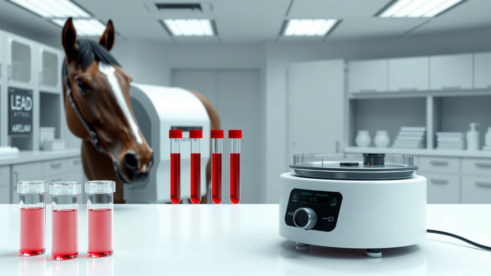 Laboratory scene with blood samples and a centrifuge, representing diagnostic testing for lead levels in horses