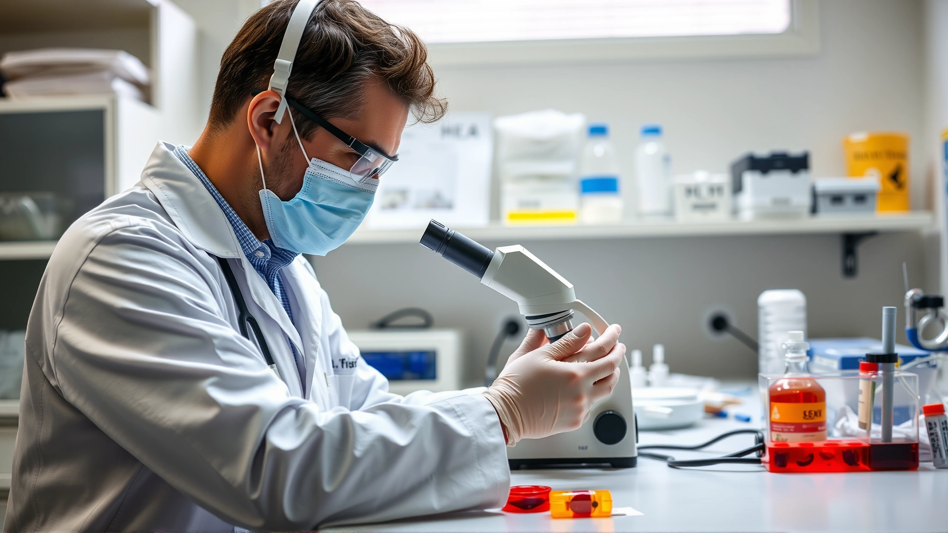 Veterinary technician in a lab coat examining bird blood samples under a microscope with lab equipment visible