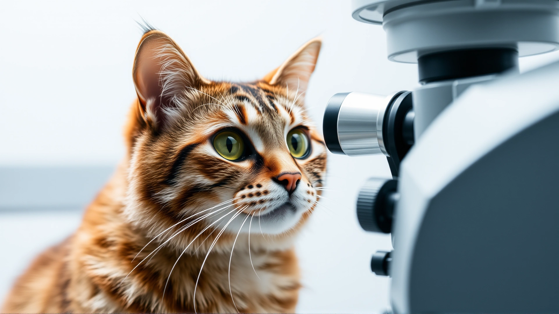 Cat positioned at a slit-lamp biomicroscope during an eye examination in a veterinary ophthalmology clinic
