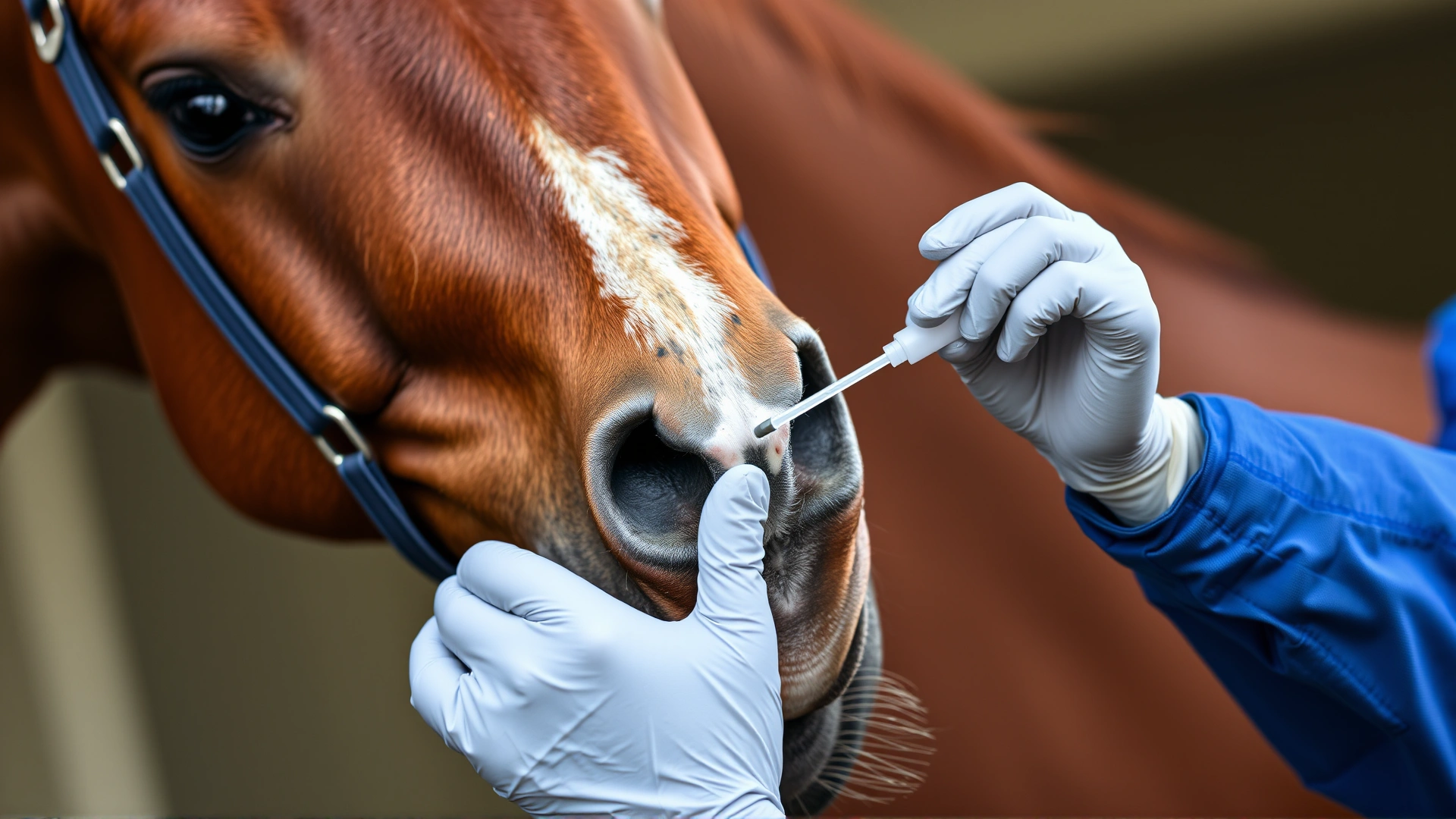 Veterinarian in blue coveralls gently collecting a nasal swab from a calm chestnut horse