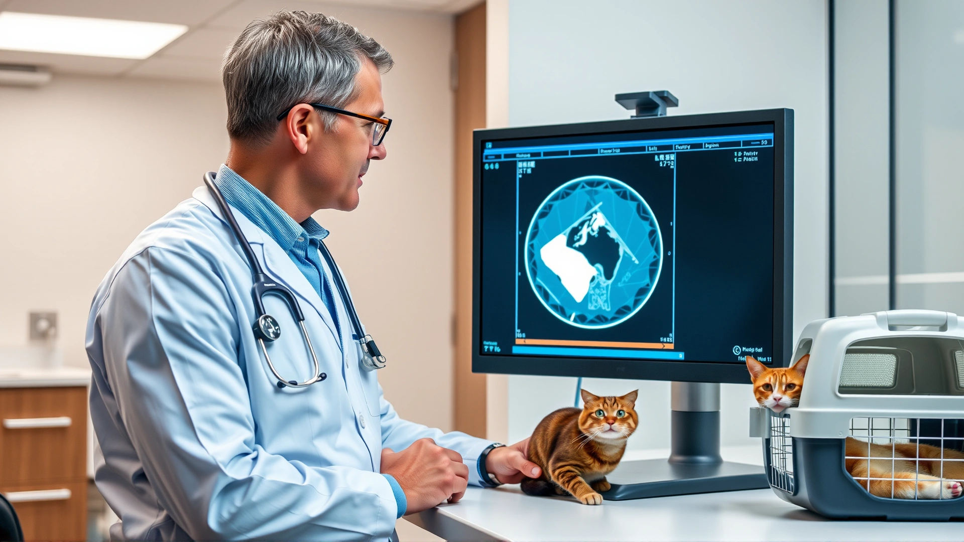 Veterinarian reviewing a CT scan image on a monitor with a cat patient in a carrier nearby, modern veterinary clinic interior.