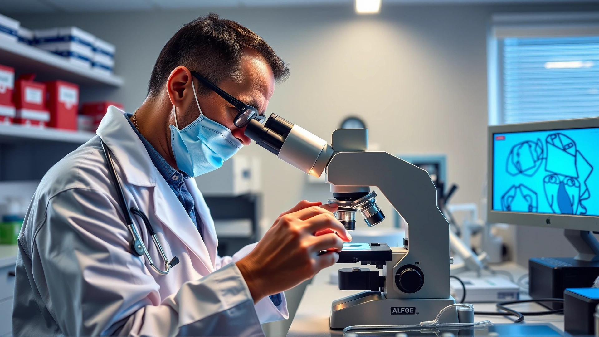 Veterinarian in lab coat preparing slides under a microscope in a veterinary lab environment.