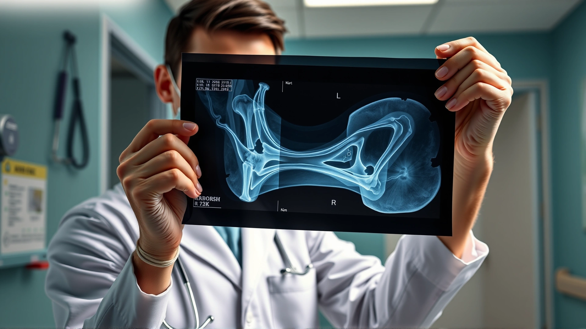 Veterinarian holding an X-ray film of a horse hock inside a clinic, focus on the radiograph, no visible text