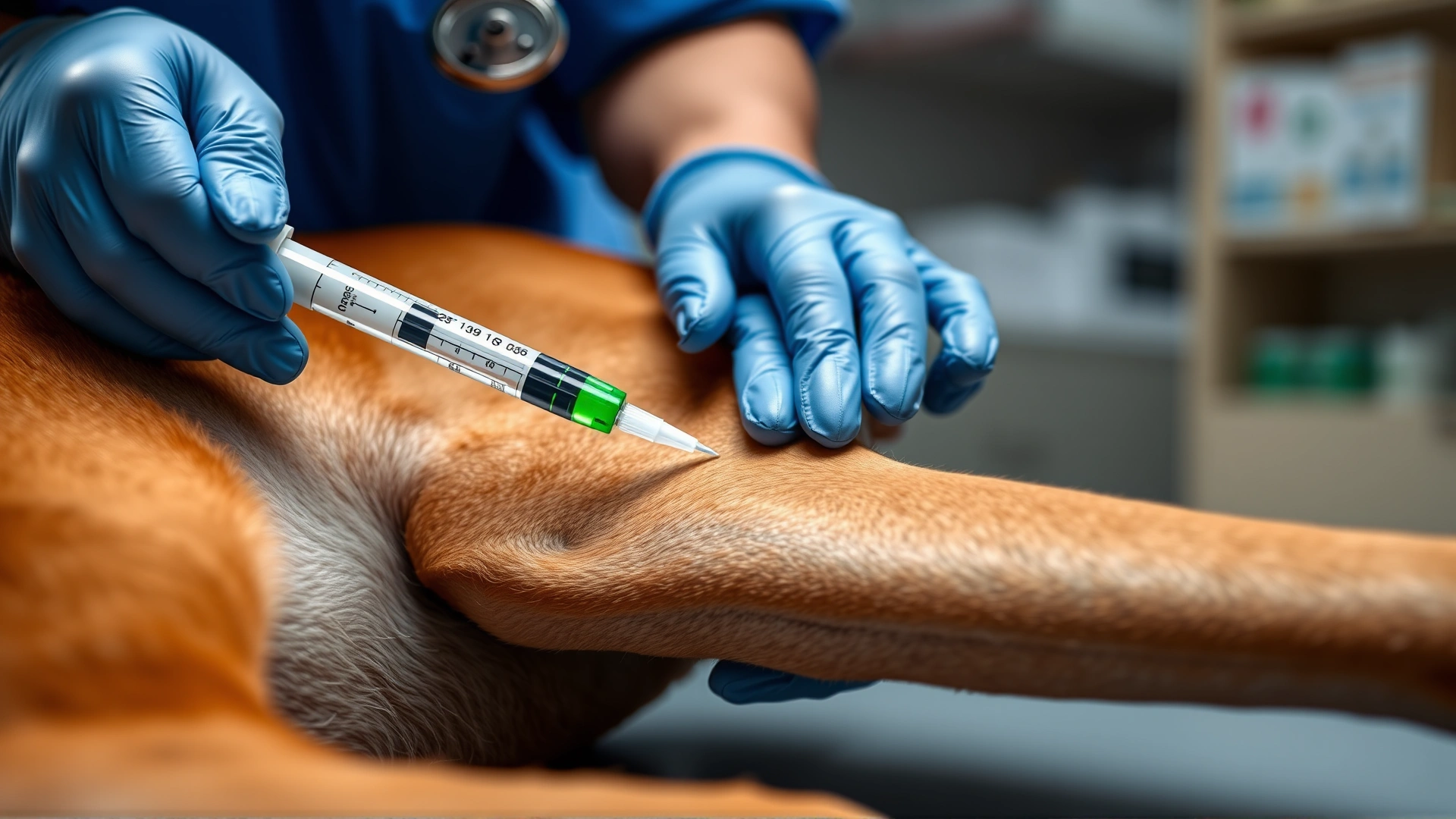 Close-up of veterinary technician performing blood draw from a calm dog’s leg, focus on syringe and gloved hands, clinic background blurred