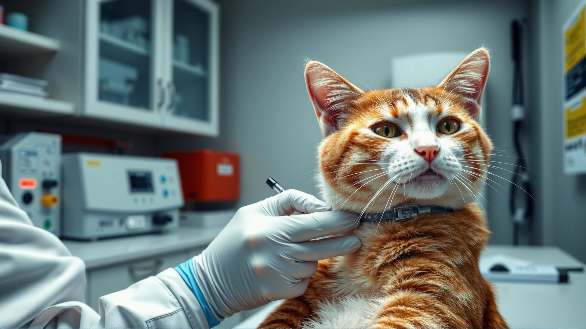 Laboratory scene where a veterinarian draws blood from a calm cat for diagnostic testing, with modern equipment visible.