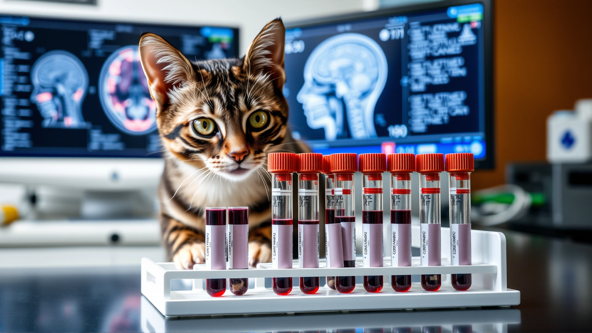 Tabletop view of feline blood sample tubes, MRI brain scan on a monitor in the background, veterinary lab setting