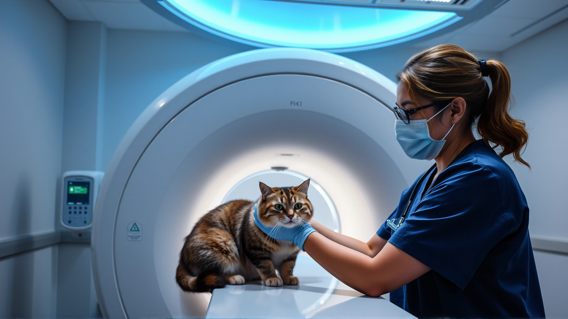 Veterinary technician positioning a cat for MRI scan inside modern imaging suite, machine lights on, no text