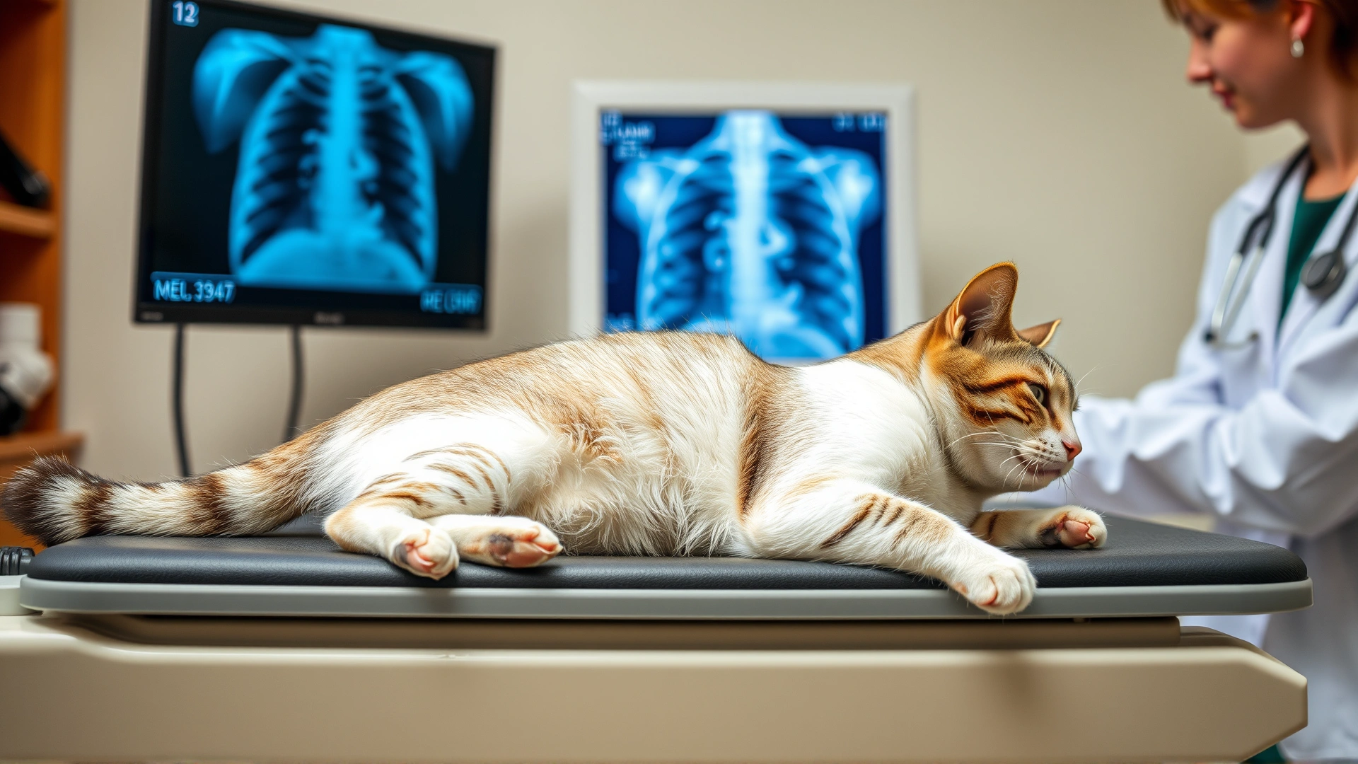 Side view of a cat lying calmly on a veterinary X-ray table while a veterinarian reviews lung radiographs displayed on a monitor in the background.
