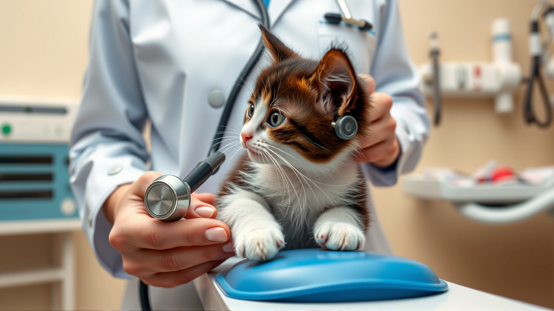 Veterinarian holding a stethoscope to a kitten on an exam table with medical equipment in the background