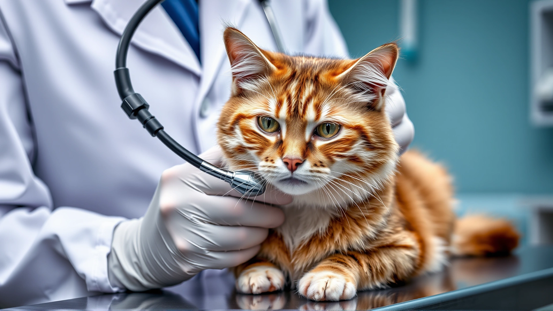 Veterinarian holding an endoscope next to a calm cat on the exam table, clinical background.